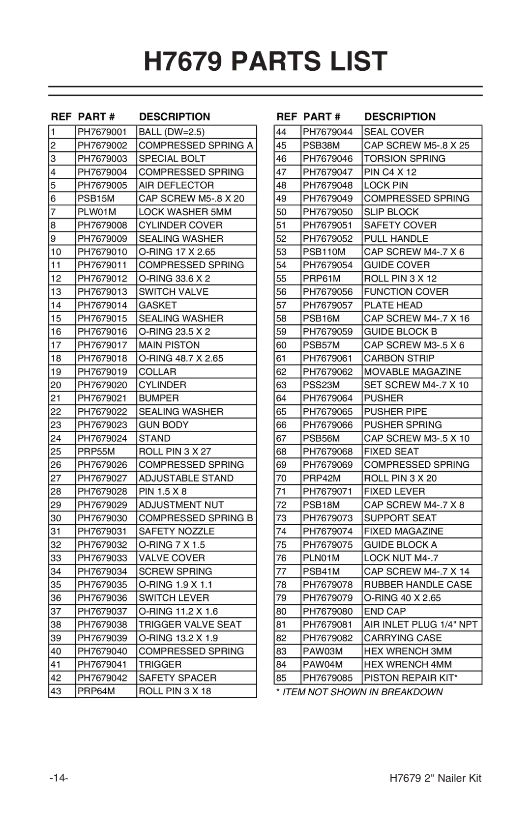 Grizzly instruction manual H7679 Parts List, Description 