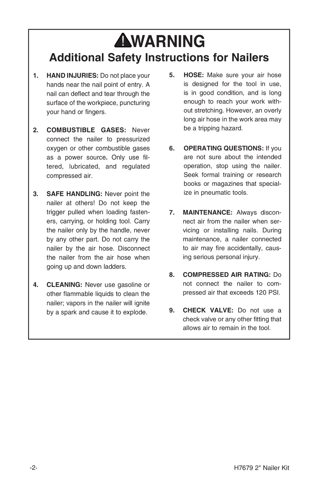 Grizzly H7679 instruction manual Additional Safety Instructions for Nailers 