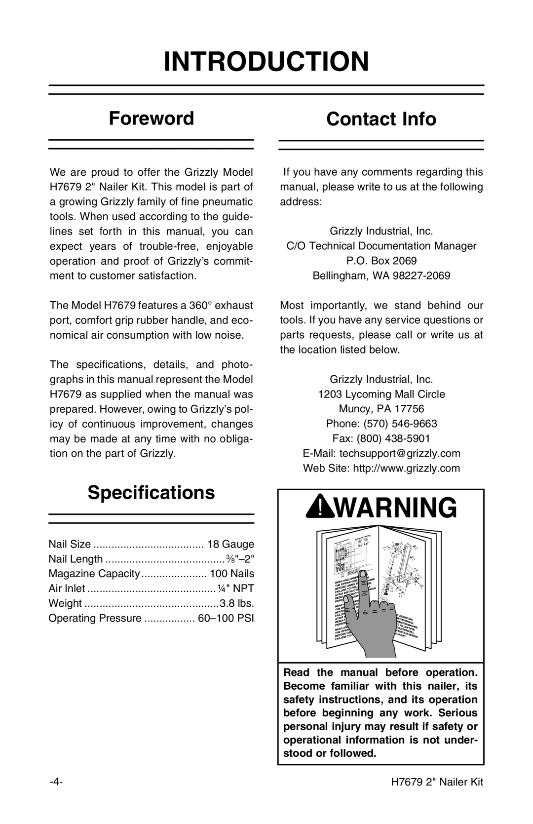 Grizzly H7679 instruction manual Introduction, Foreword, Specifications, Contact Info 