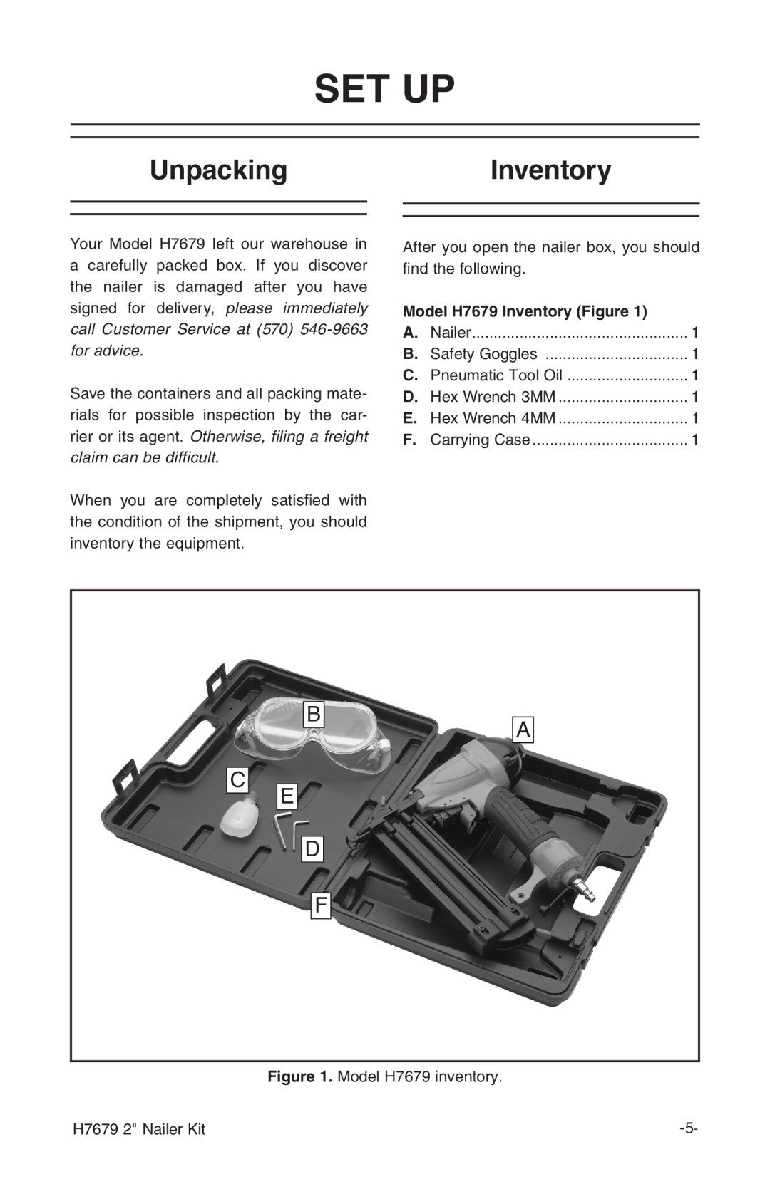 Grizzly H7679 instruction manual Set Up, UnpackingInventory 