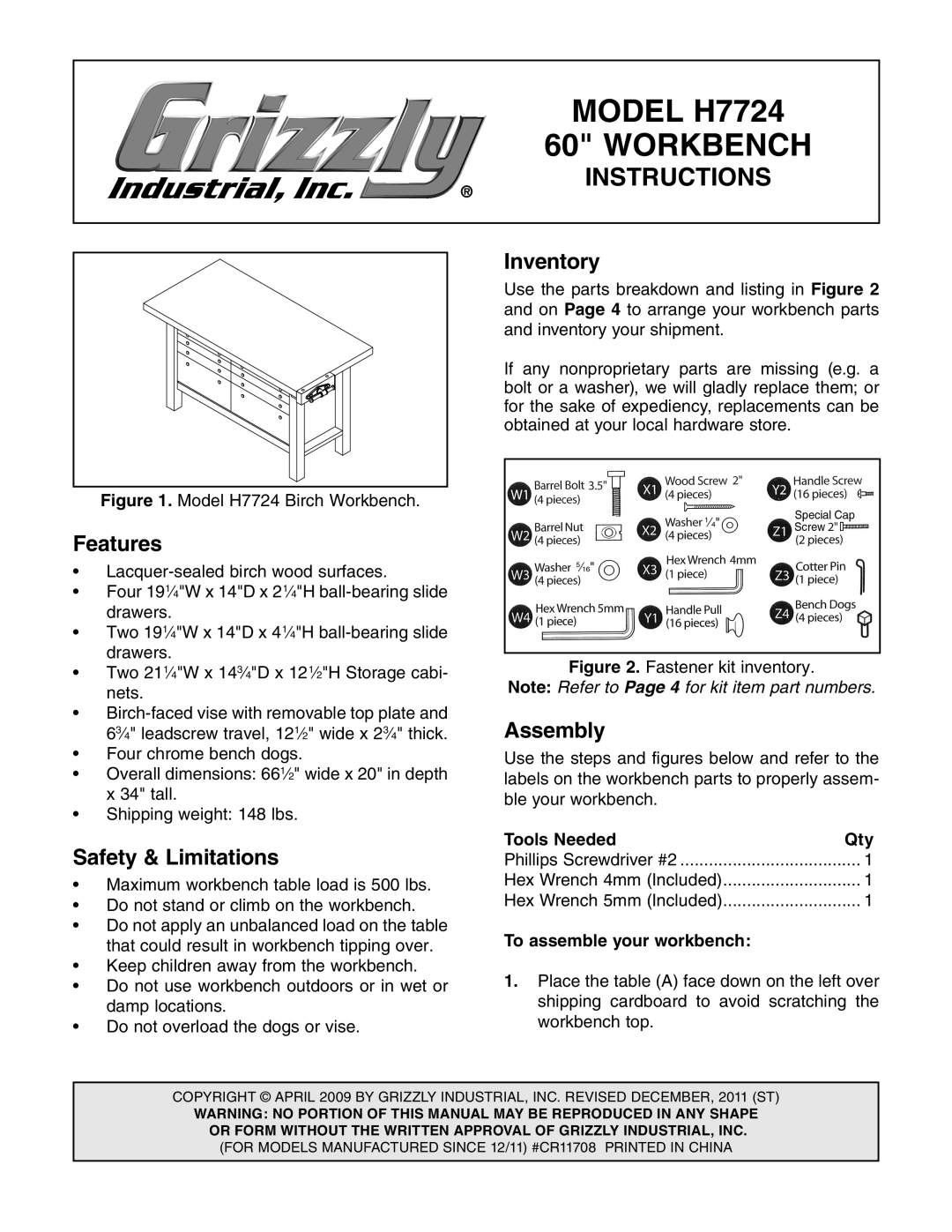 Grizzly H7724 manual Inventory, Features, Safety & Limitations, Assembly 