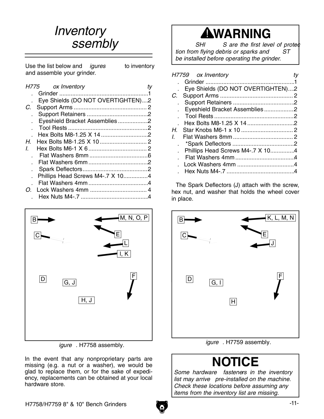 Grizzly H7758/H7759 owner manual Inventory Assembly, H7758 Box Inventory Qty 