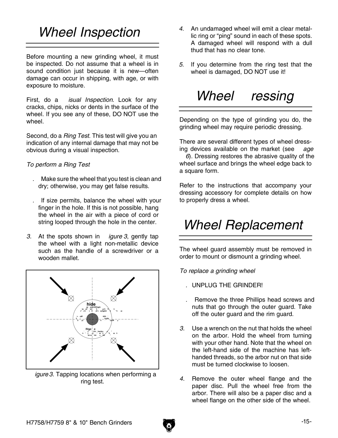 Grizzly H7758/H7759 owner manual Wheel Inspection, Wheel Dressing, Wheel Replacement, To perform a Ring Test 