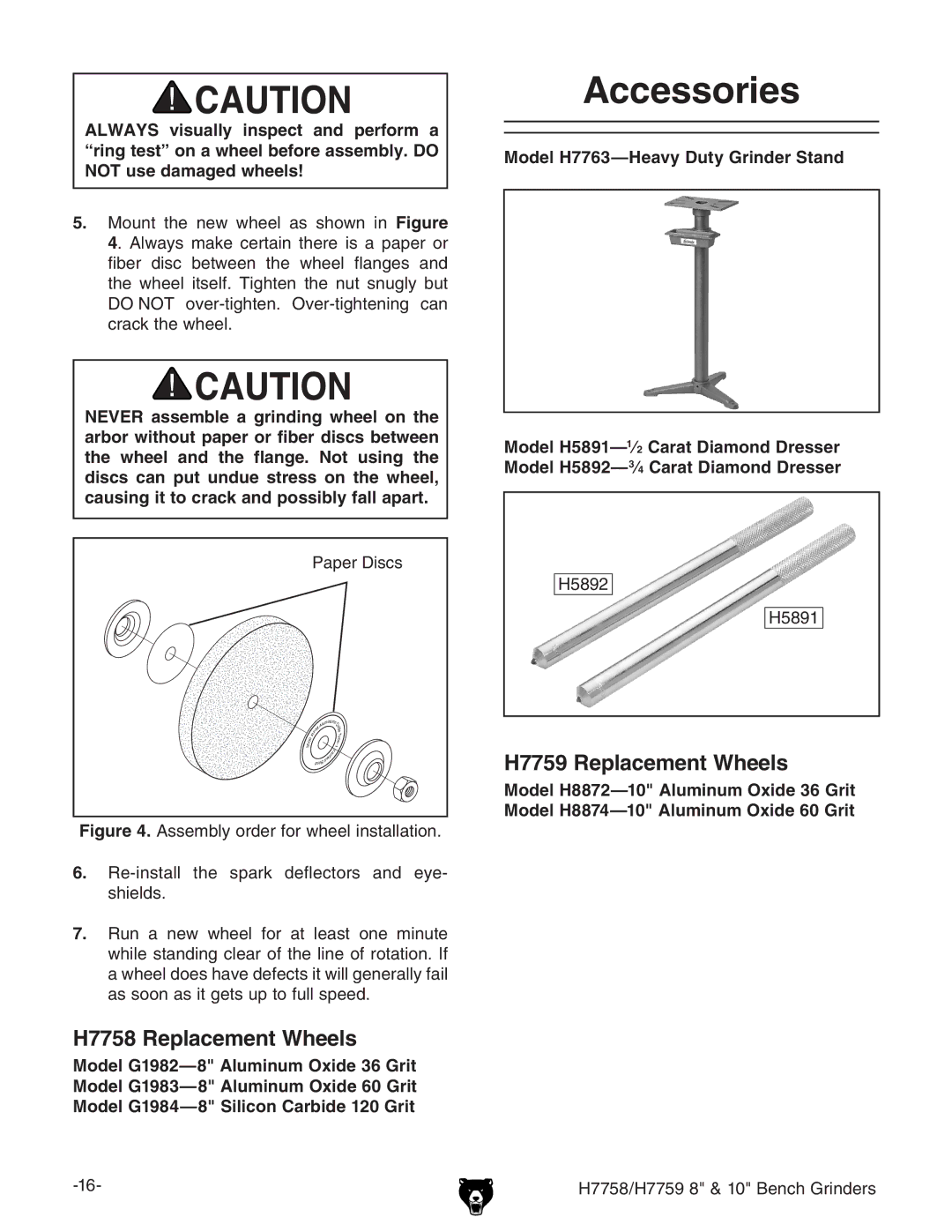 Grizzly H7758/H7759 owner manual Accessories, Always visually inspect and perform, Not use damaged wheels 