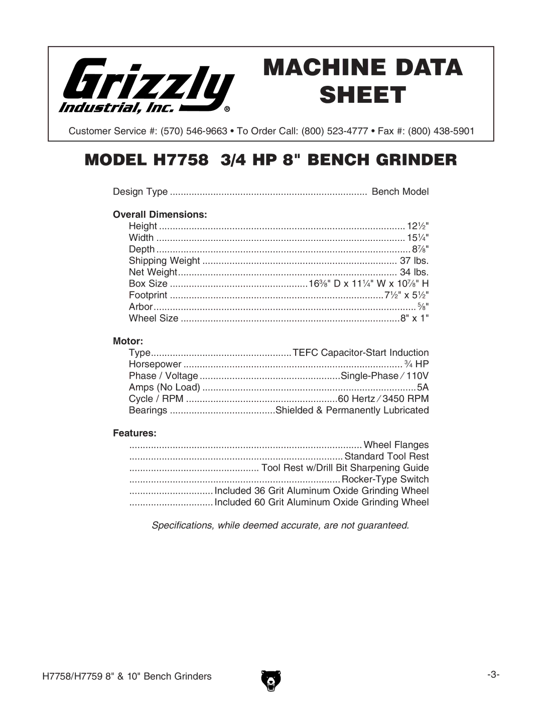 Grizzly H7758/H7759 owner manual H7758 Machine Data Sheet 