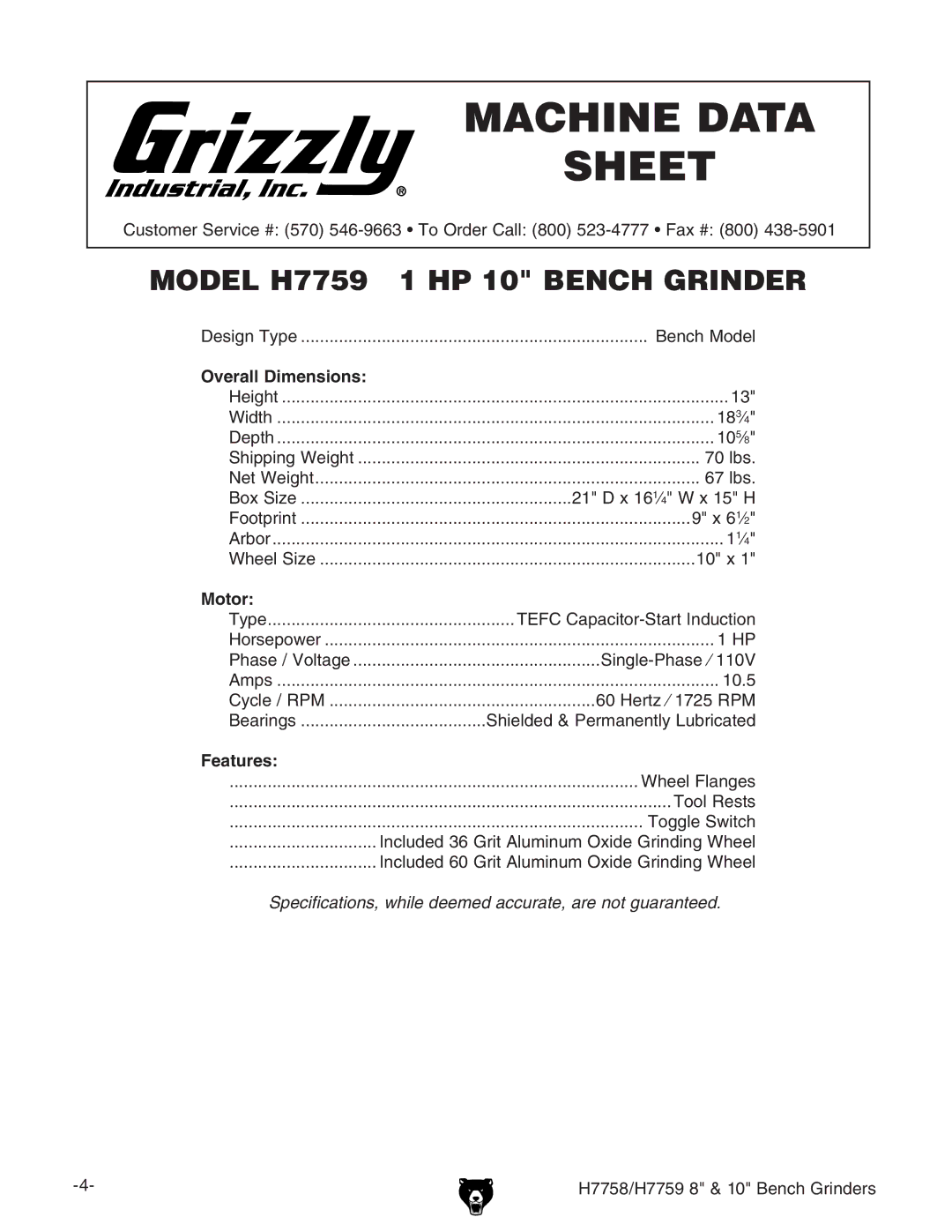 Grizzly H7758/H7759 owner manual H7759 Machine Data Sheet 