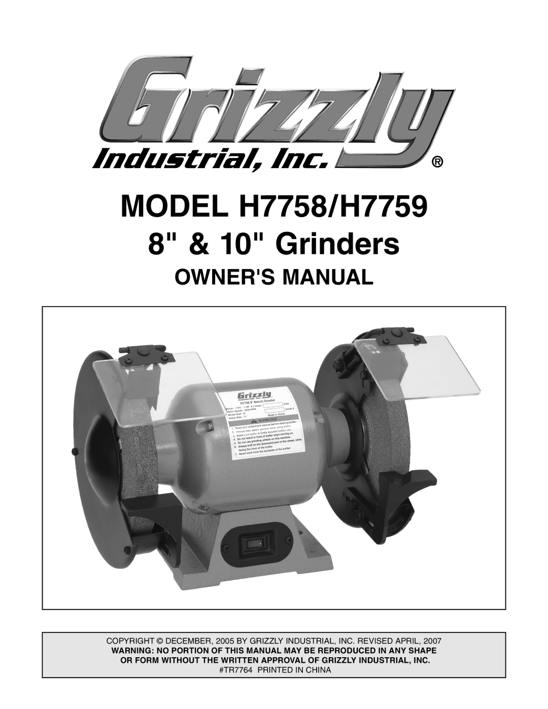 Grizzly owner manual Model H7758/H7759 Grinders 