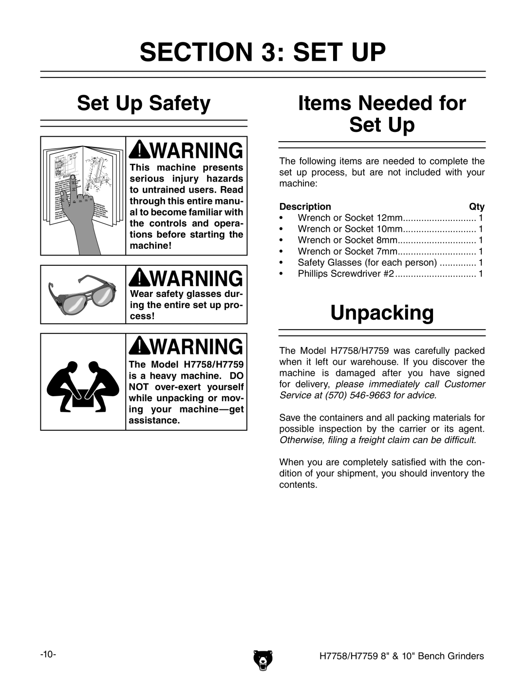 Grizzly H7759, H7758 owner manual Set Up Safety, Items Needed for Set Up, Unpacking, Description Qty 