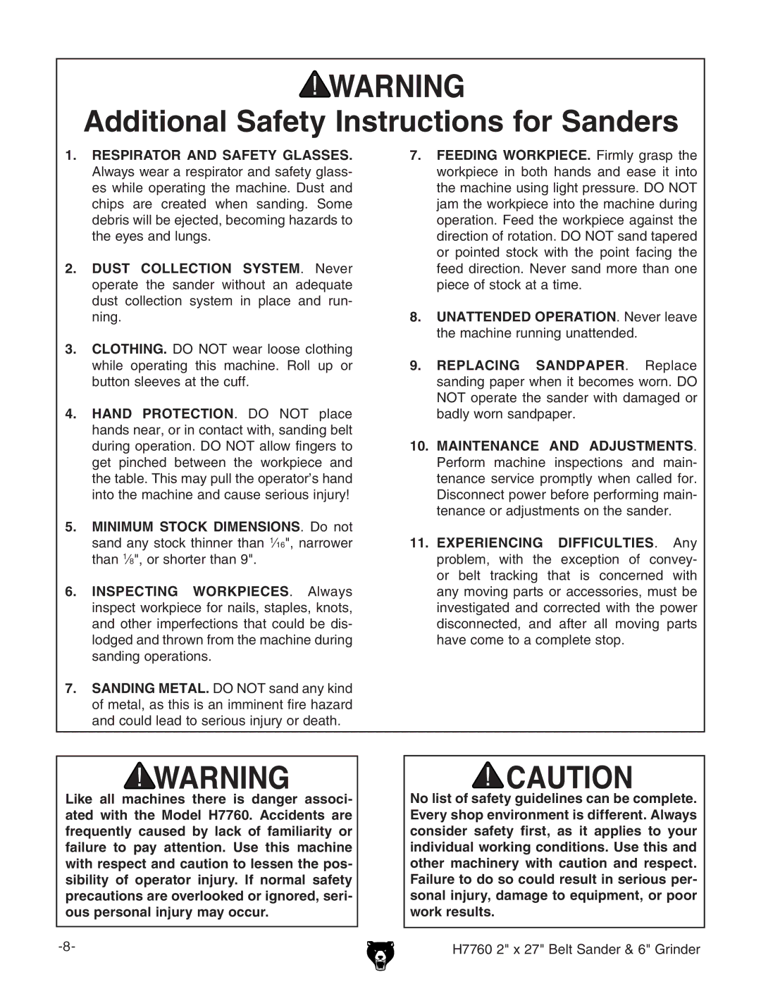 Grizzly H7760 owner manual Additional Safety Instructions for Sanders 