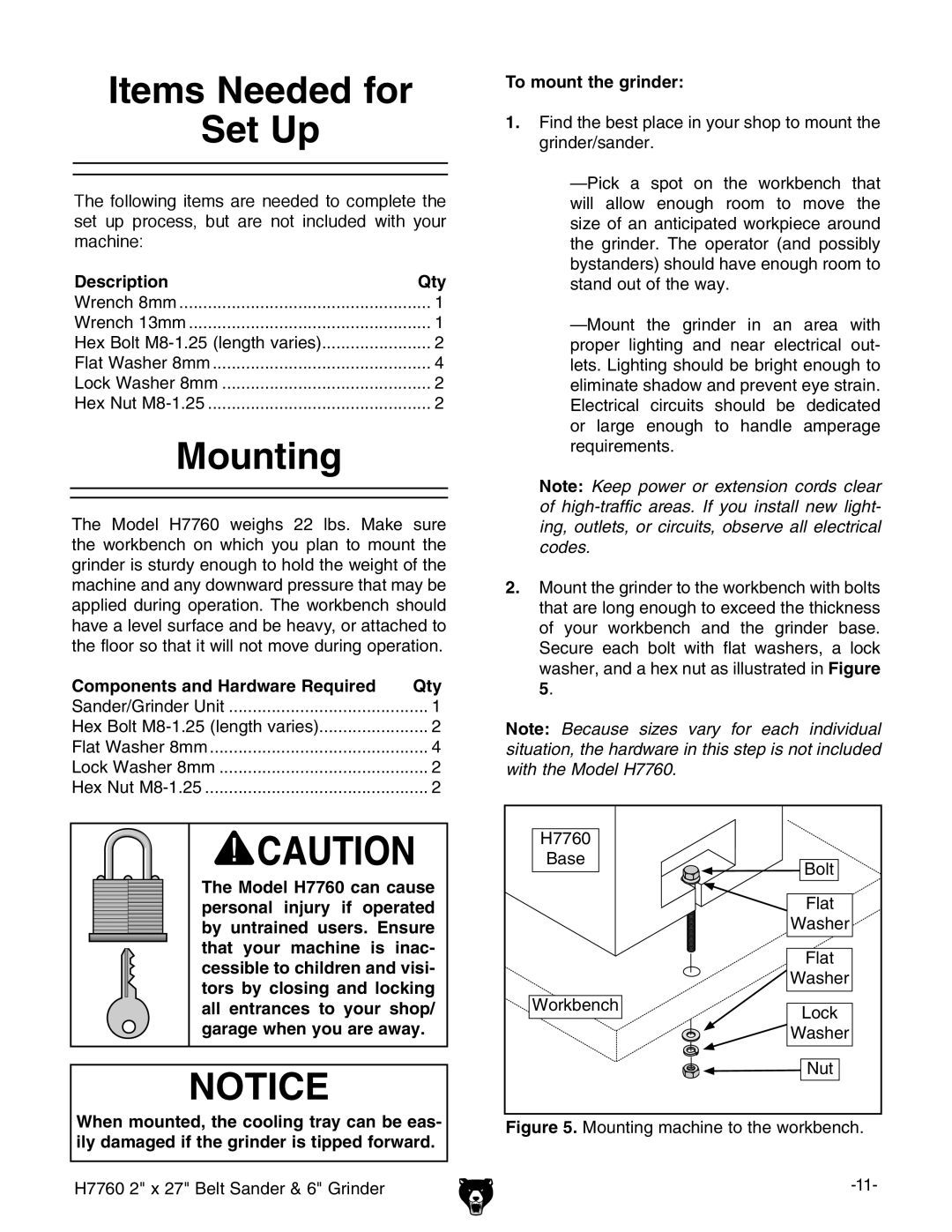 Grizzly H7760 owner manual Items Needed for Set Up, Mounting, Description Qty, Components and Hardware Required Qty 