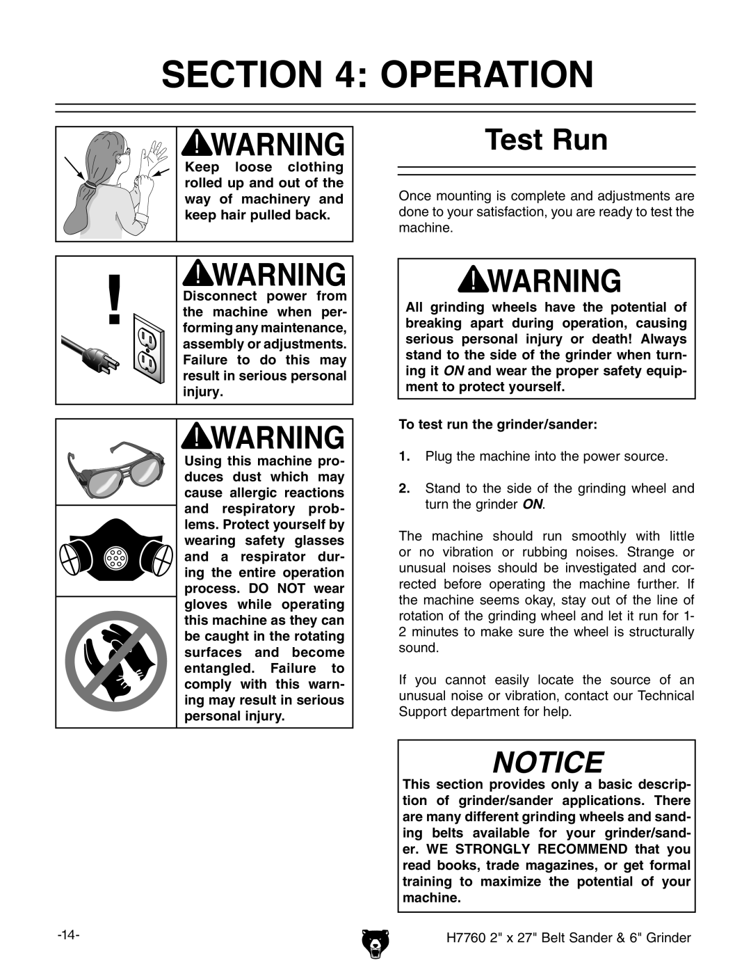 Grizzly H7760 owner manual Operation, Test Run 