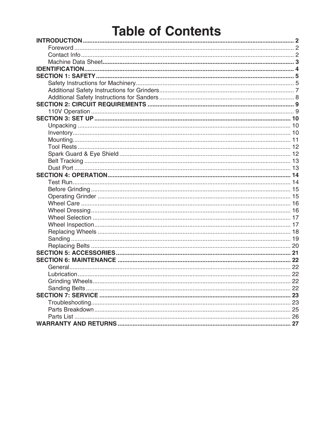 Grizzly H7760 owner manual Table of Contents 