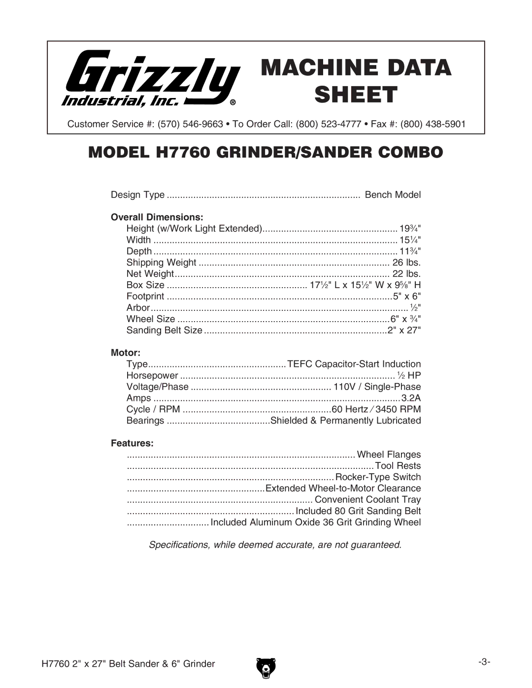 Grizzly H7760 owner manual Overall Dimensions, Motor, Features 