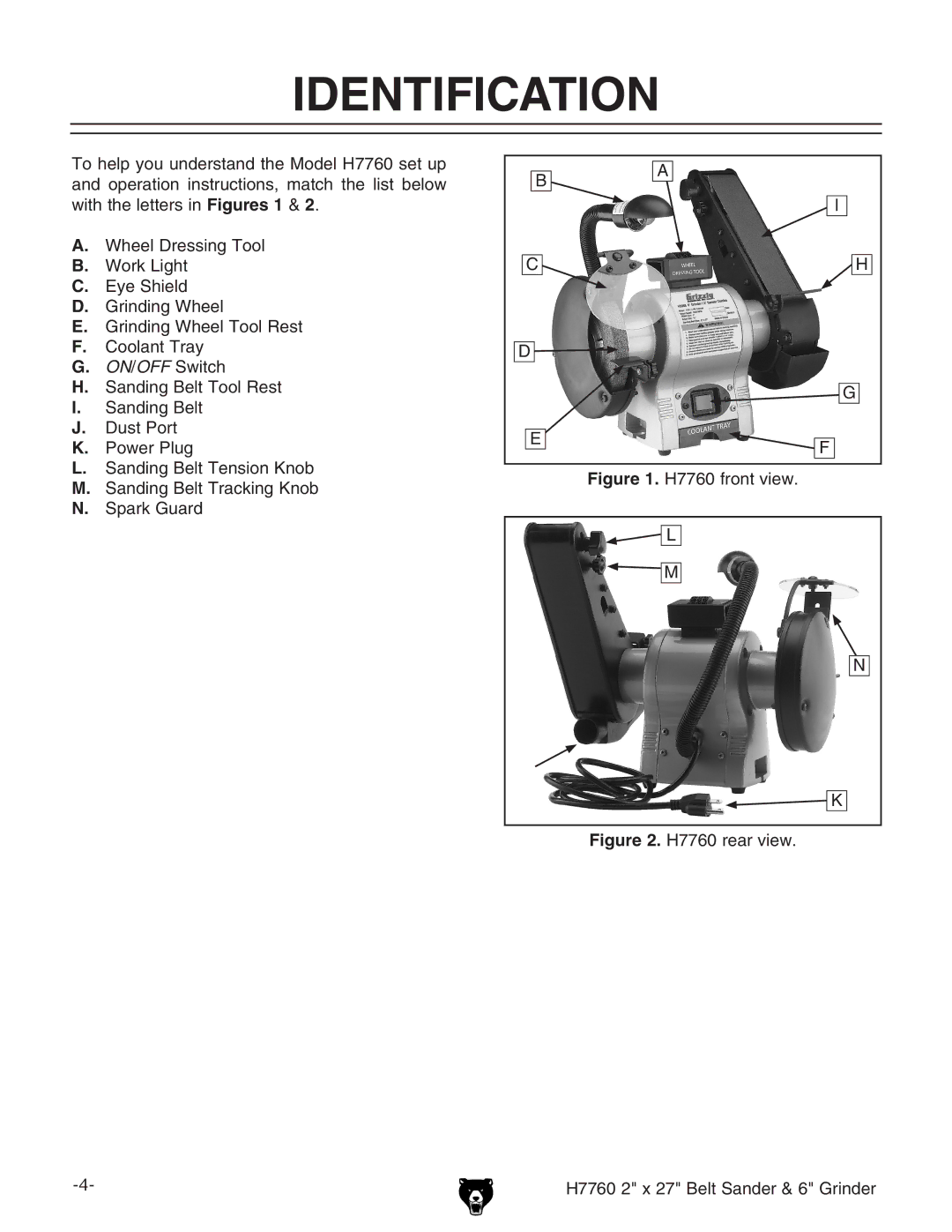 Grizzly owner manual Identification, H7760 front view 