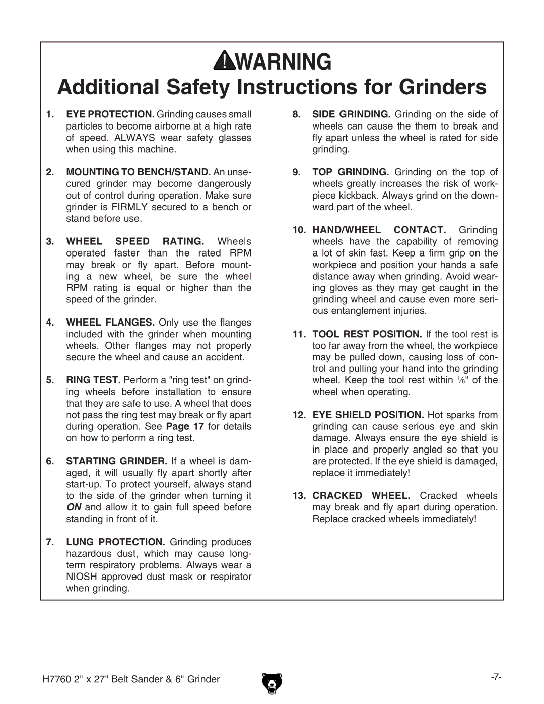 Grizzly H7760 owner manual Additional Safety Instructions for Grinders 