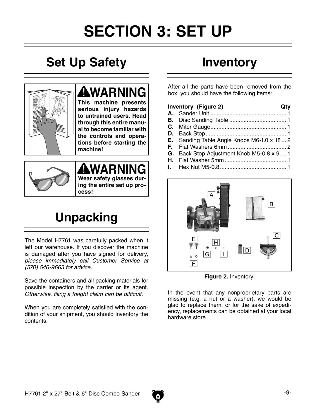 Grizzly H7761 owner manual Set Up Safety Inventory, Unpacking, Inventory Figure Qty 