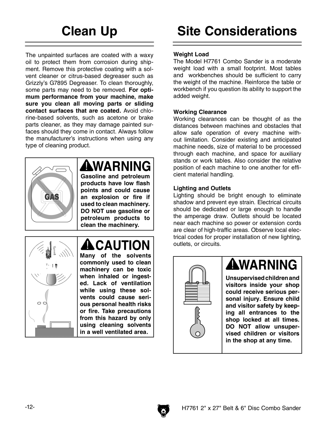 Grizzly H7761 owner manual Clean Up, Site Considerations, Weight Load, Working Clearance, Lighting and Outlets 