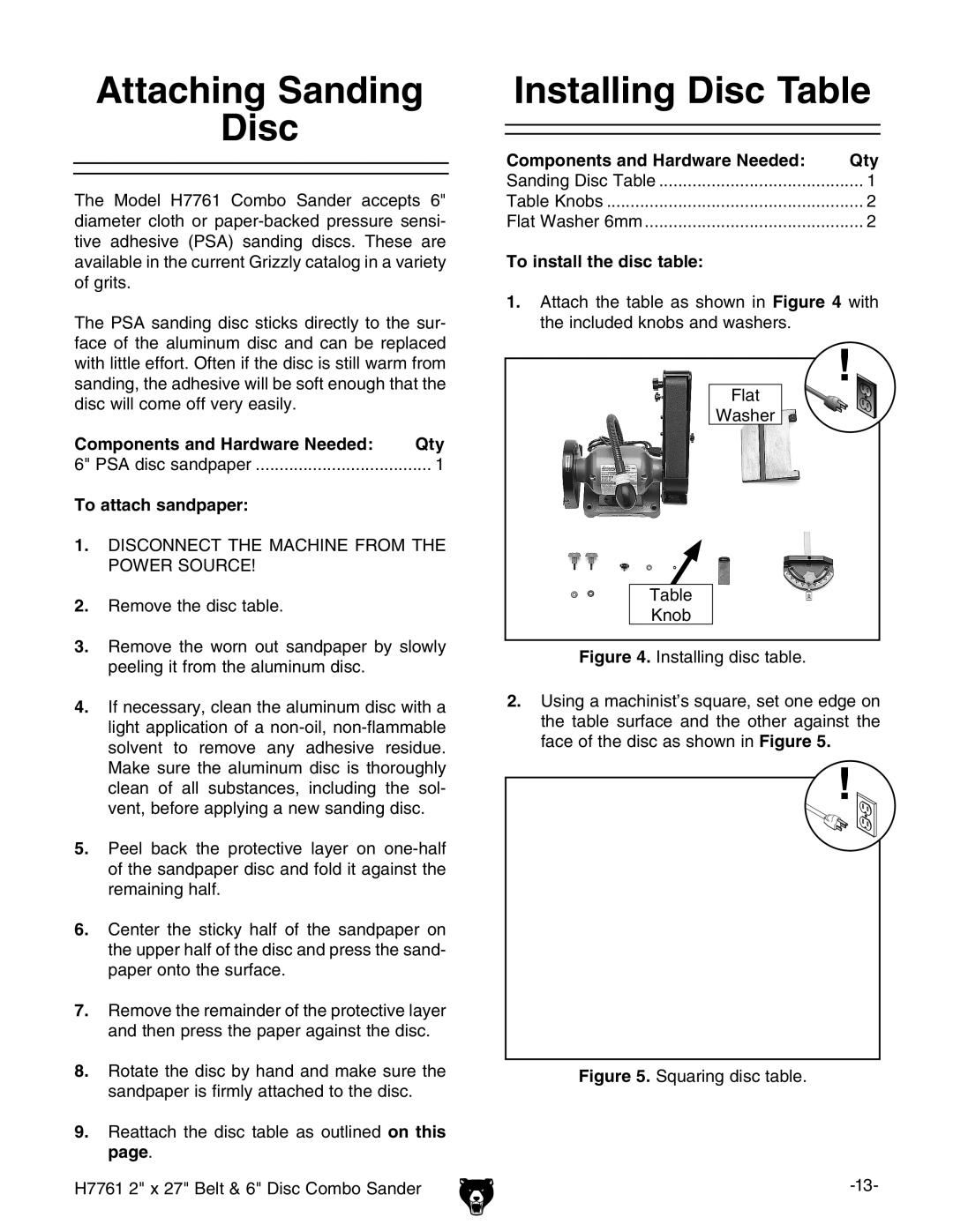 Grizzly H7761 Attaching Sanding Disc, Installing Disc Table, Components and Hardware Needed Qty, To attach sandpaper 