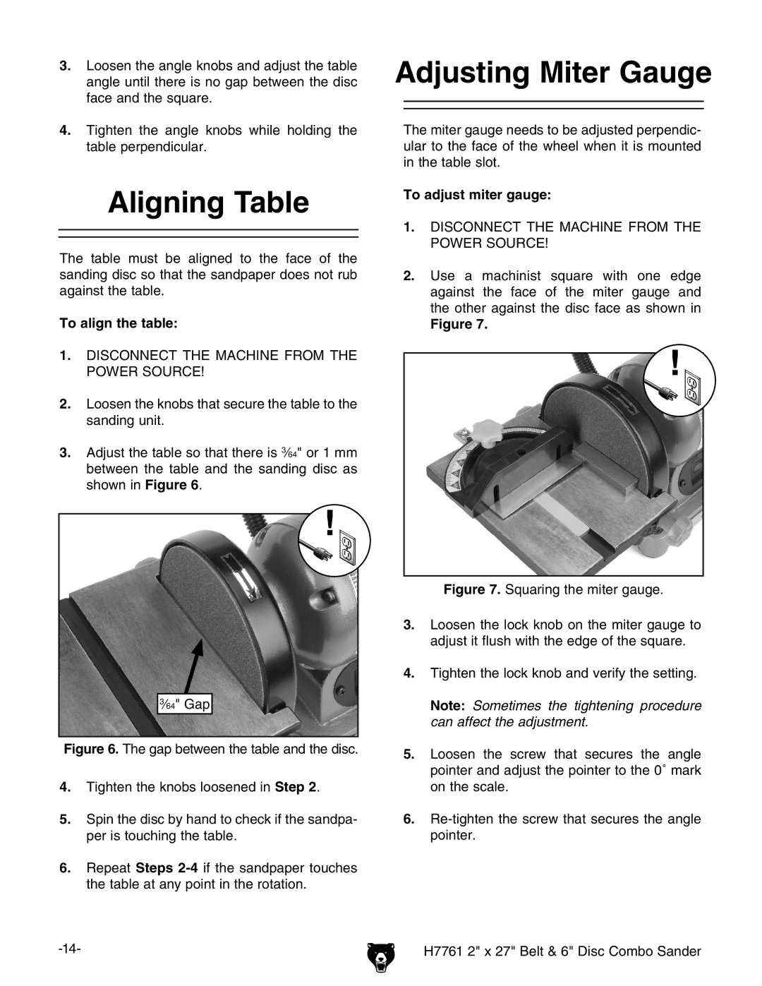 Grizzly H7761 owner manual Aligning Table, Adjusting Miter Gauge, To align the table, To adjust miter gauge 