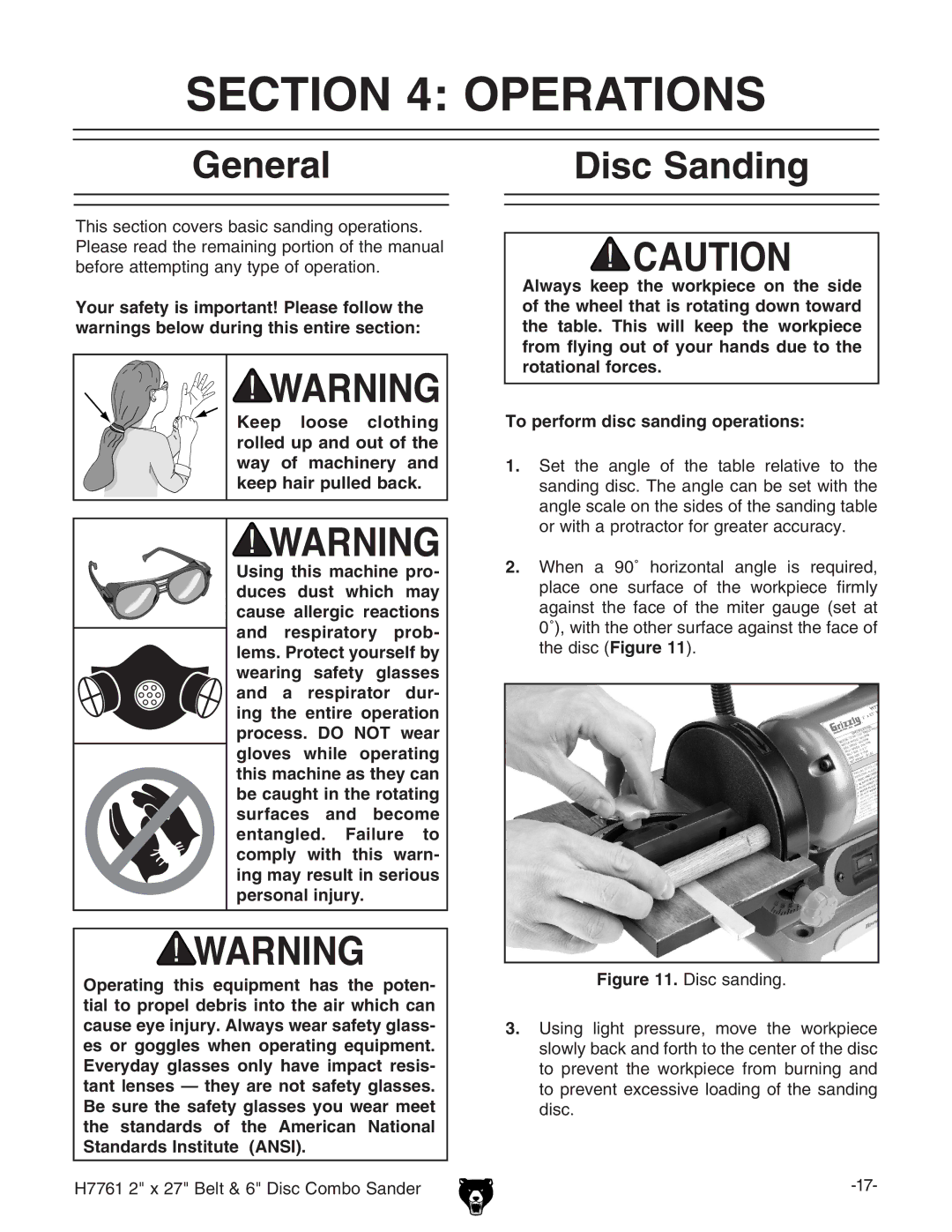 Grizzly H7761 owner manual Operations, General, Disc Sanding 