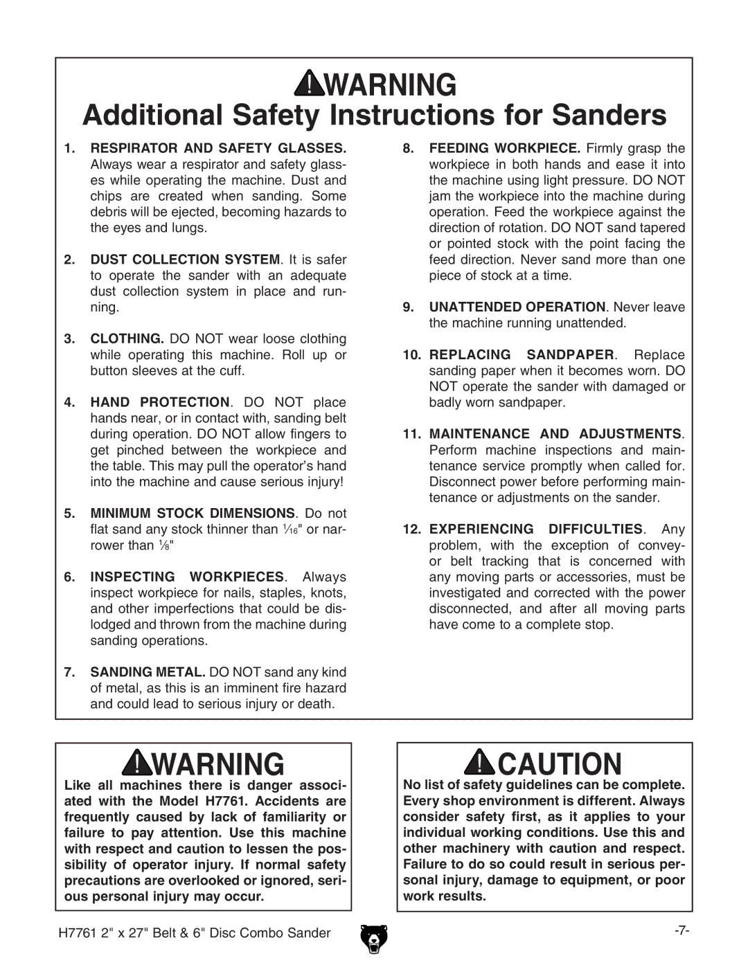 Grizzly H7761 owner manual Additional Safety Instructions for Sanders 