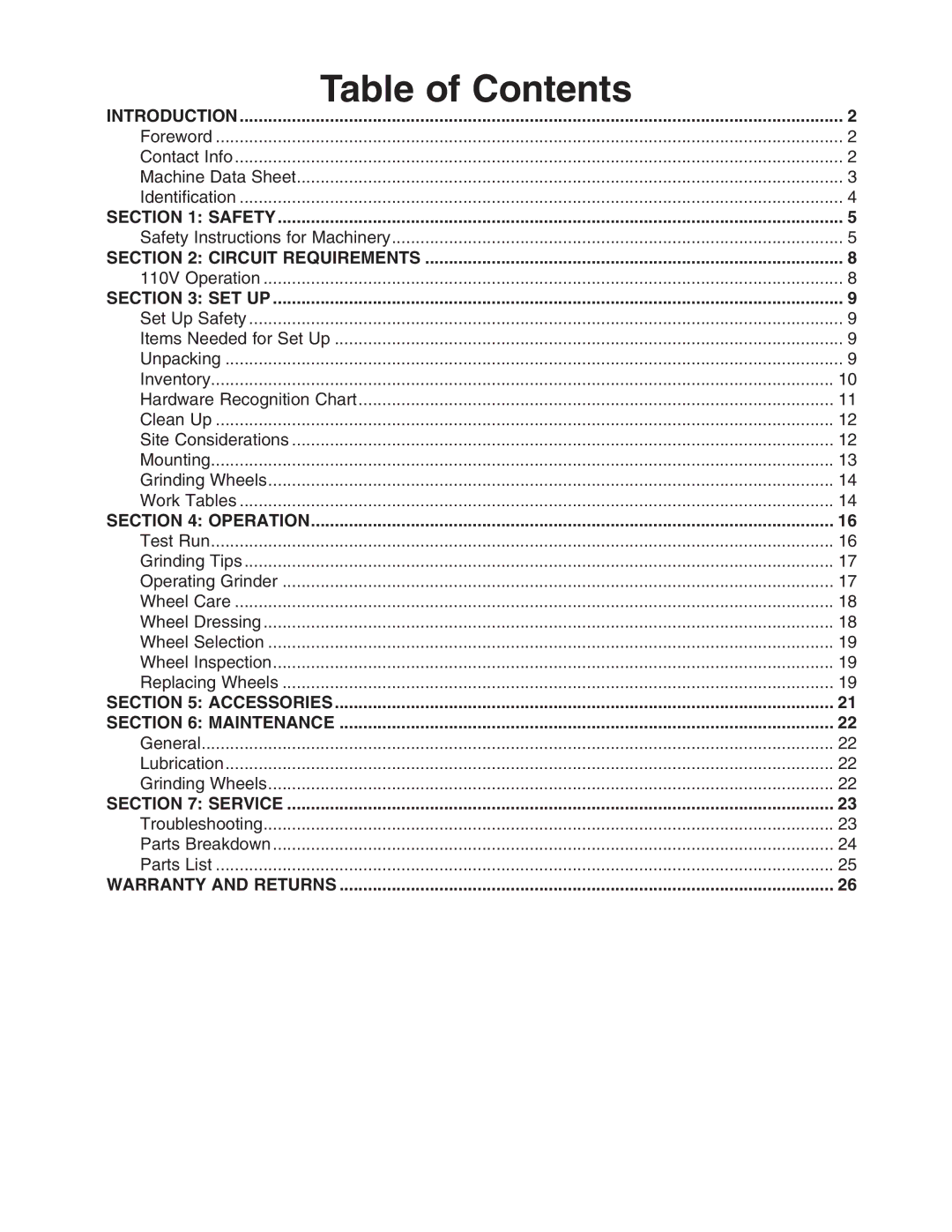 Grizzly H7762 owner manual Table of Contents 