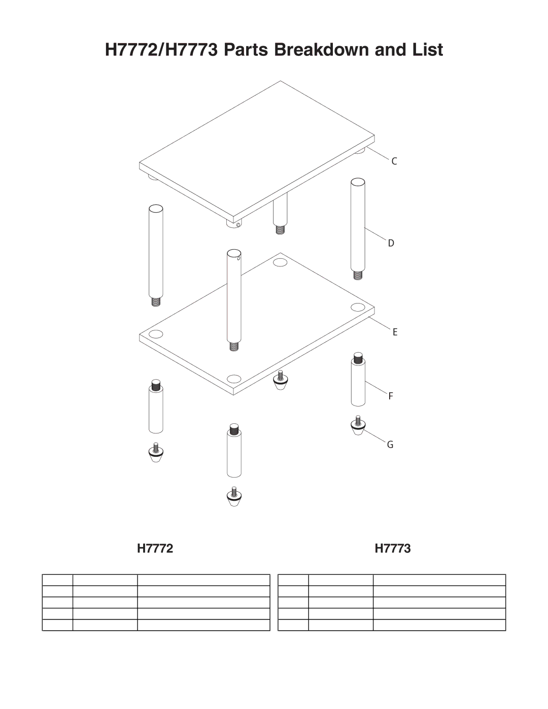 Grizzly instruction sheet H7772/H7773 Parts Breakdown and List 