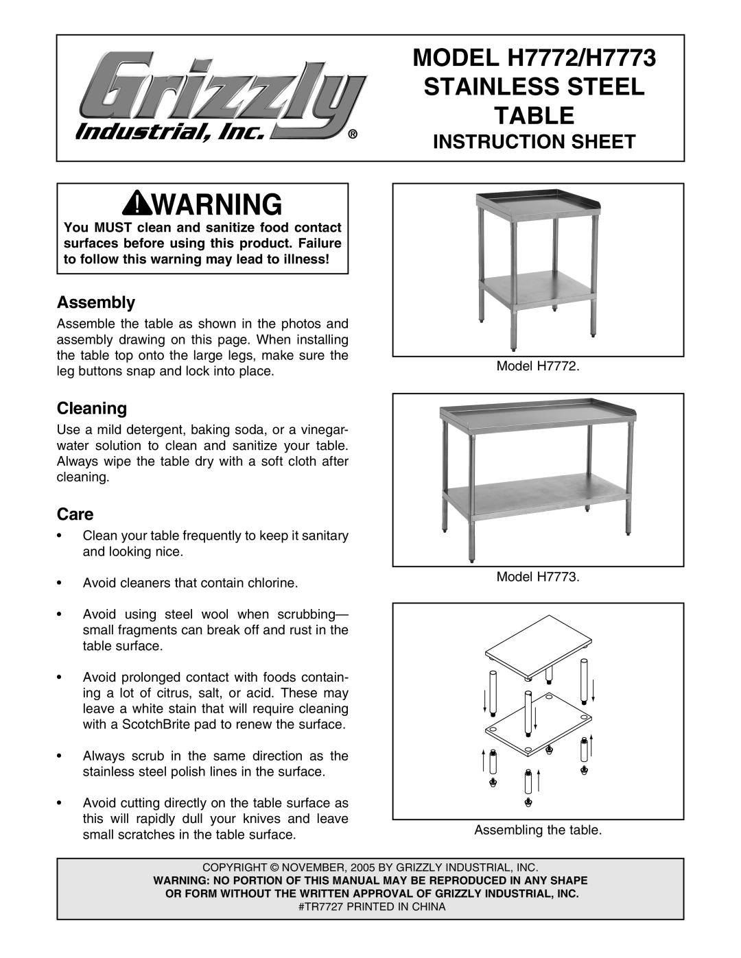 Grizzly instruction sheet Assembly, Cleaning, Care, MODEL H7772/H7773, Stainless Steel, Instruction Sheet 