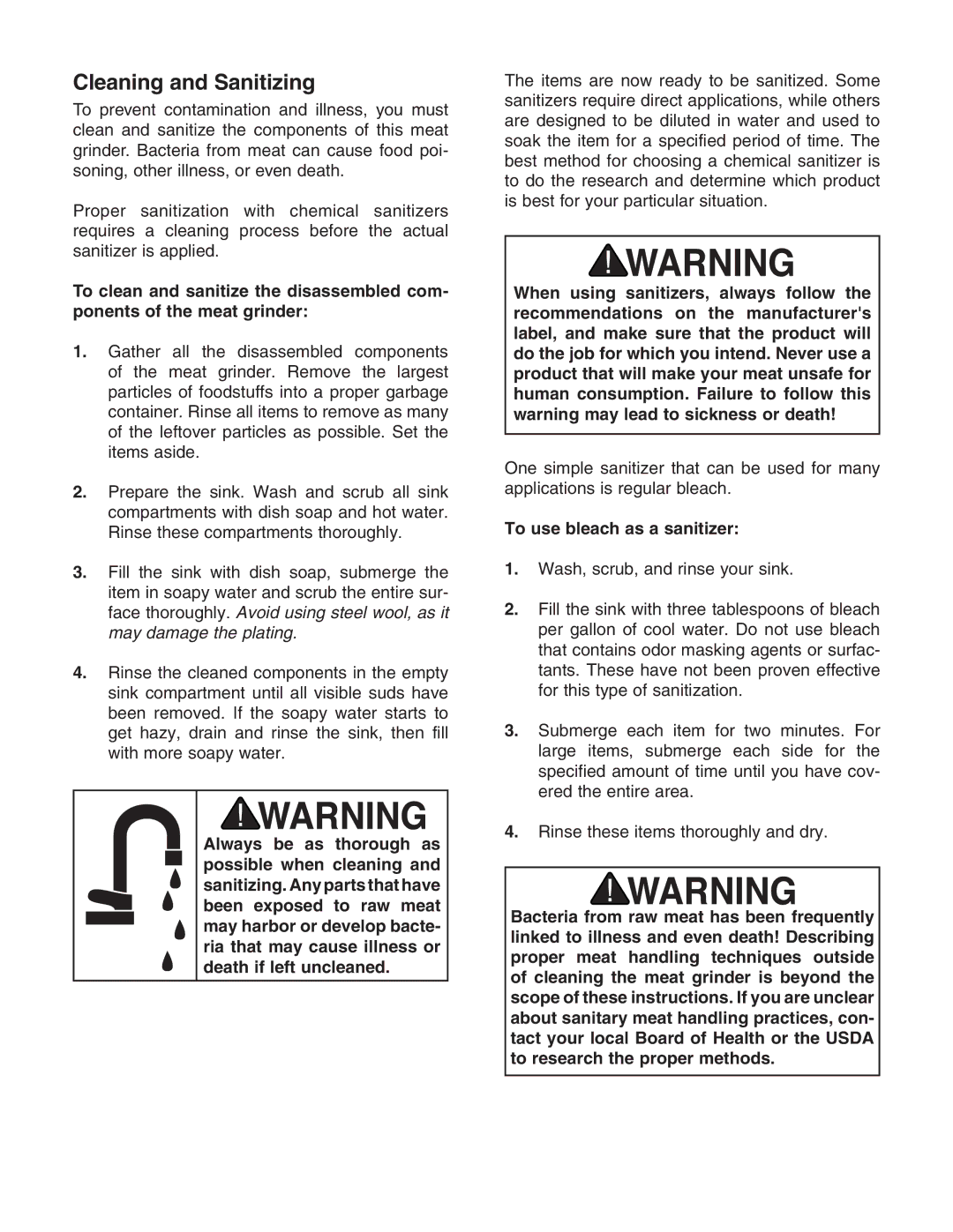 Grizzly H7778 instruction sheet Cleaning and Sanitizing, To use bleach as a sanitizer 