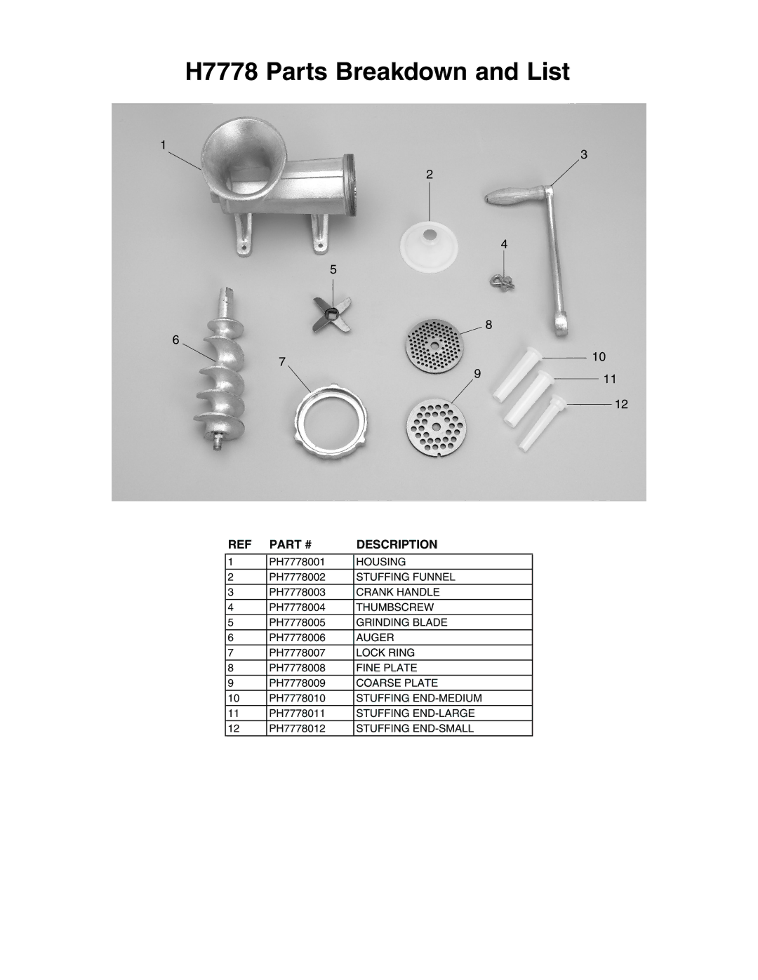 Grizzly instruction sheet H7778 Parts Breakdown and List 