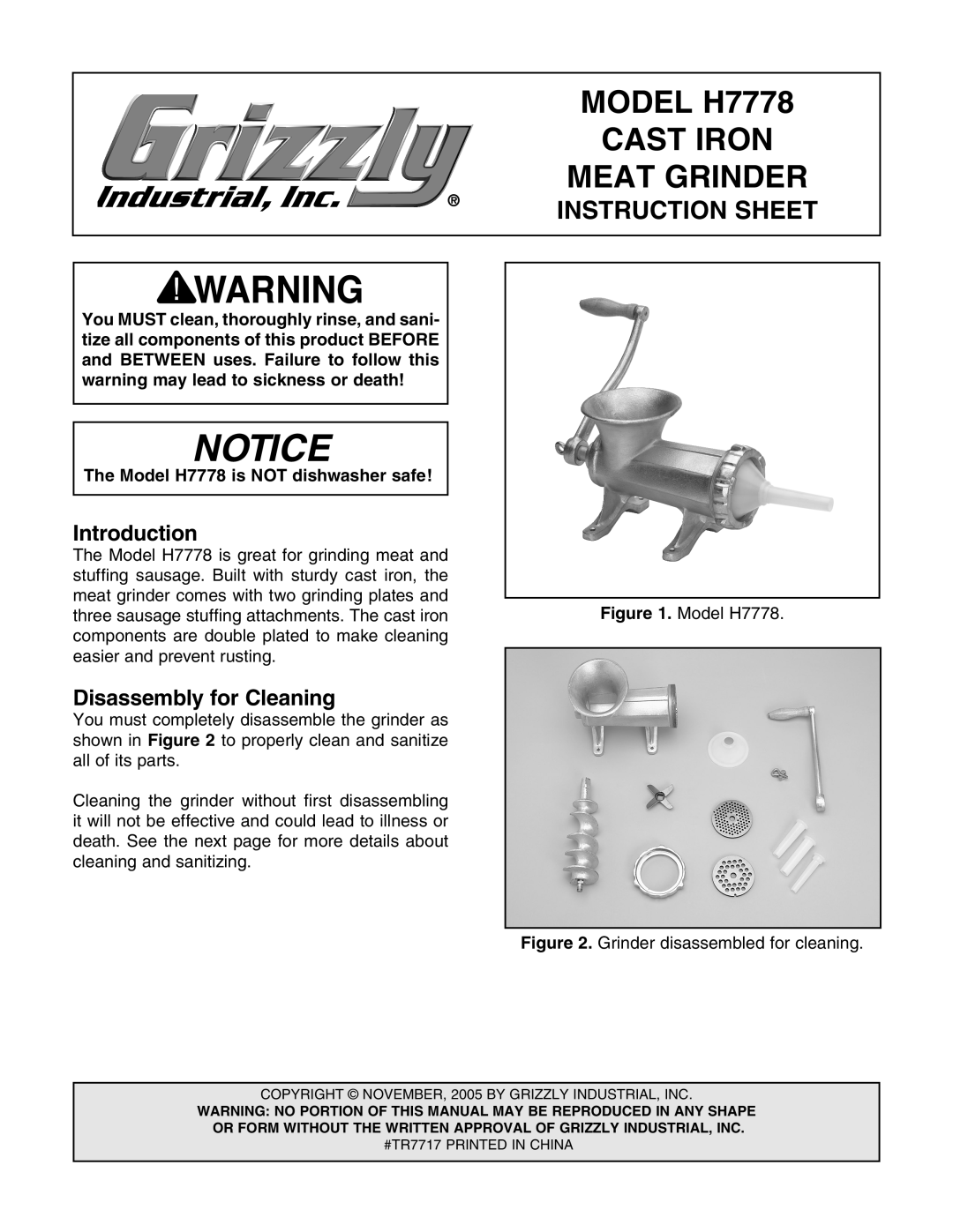 Grizzly instruction sheet Introduction, Disassembly for Cleaning, MODEL H7778, Cast Iron, Meat Grinder 