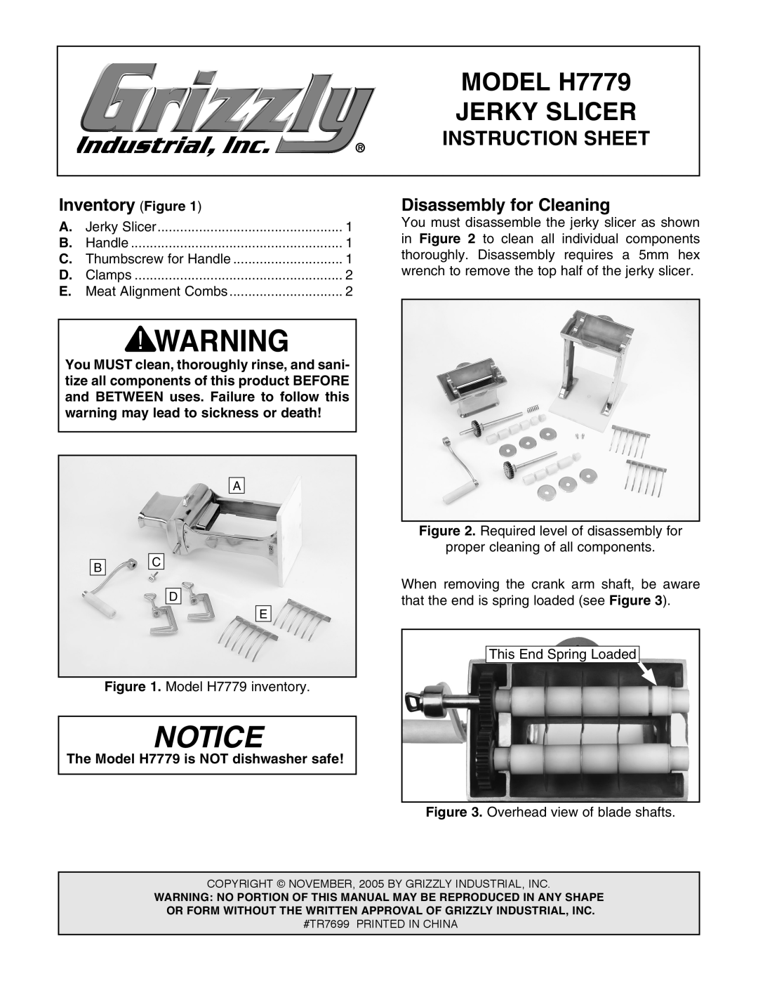 Grizzly instruction sheet Inventory Figure, Disassembly for Cleaning, MODEL H7779, Jerky Slicer, Instruction Sheet 
