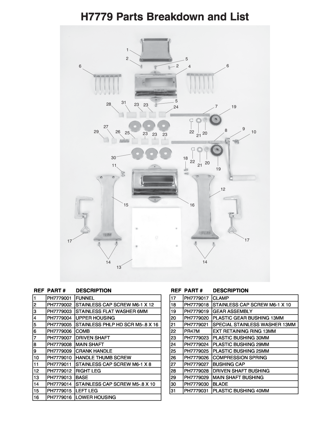Grizzly instruction sheet H7779 Parts Breakdown and List, Ref Part #, Description 