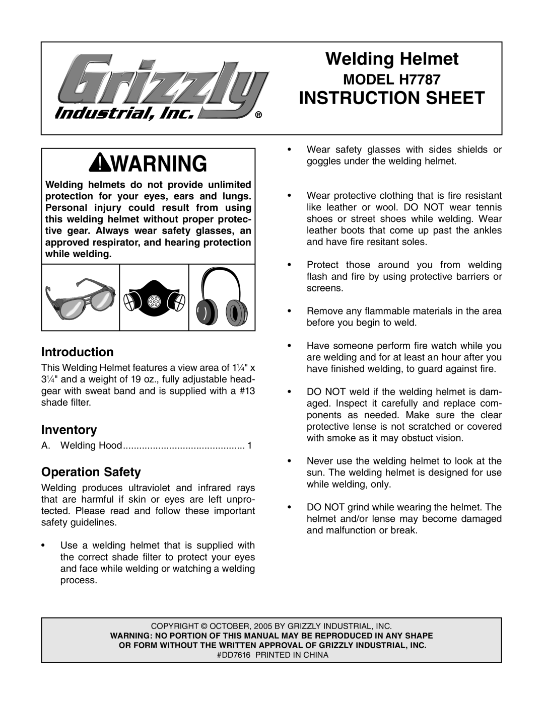 Grizzly h7787 instruction sheet Introduction, Inventory, Operation Safety 