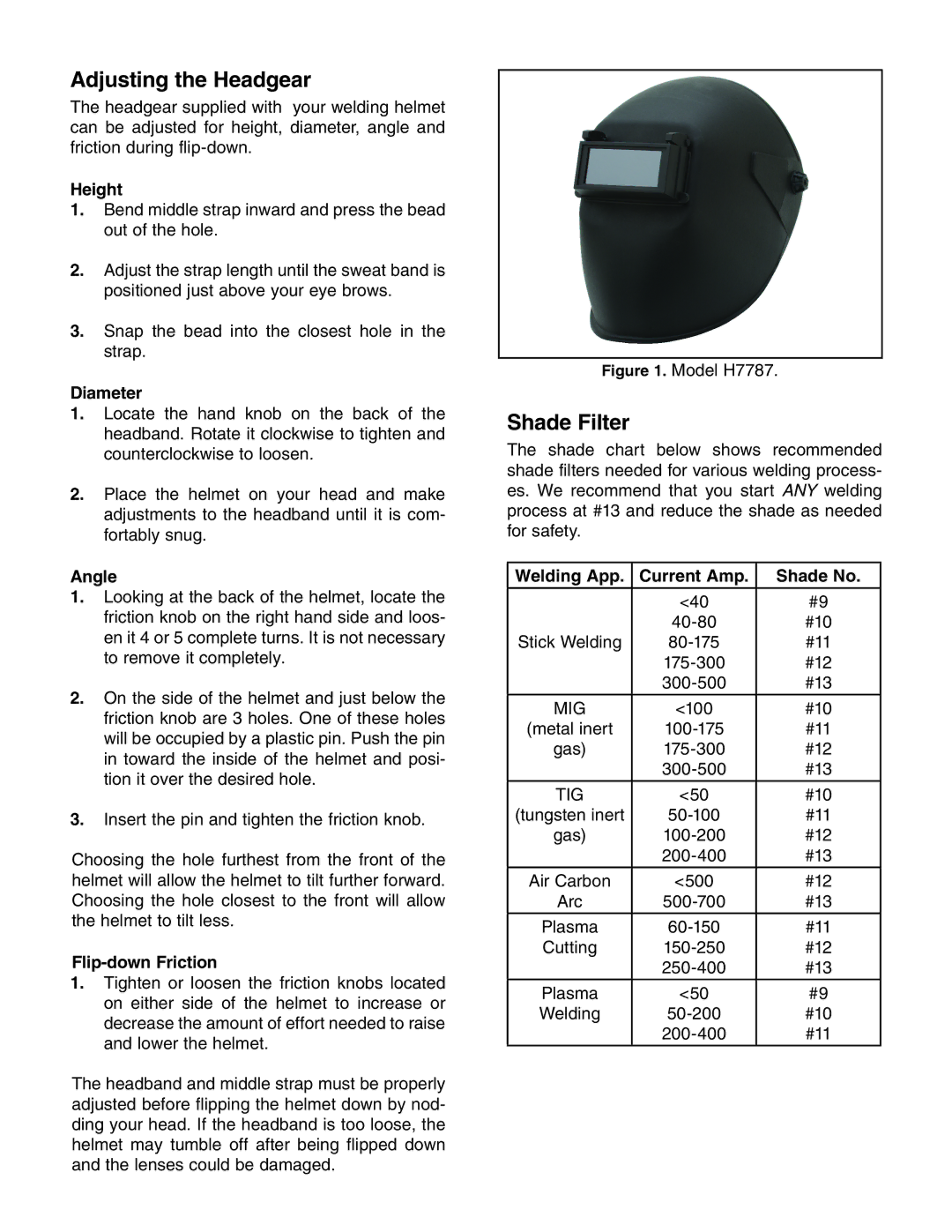 Grizzly h7787 instruction sheet Adjusting the Headgear, Shade Filter 