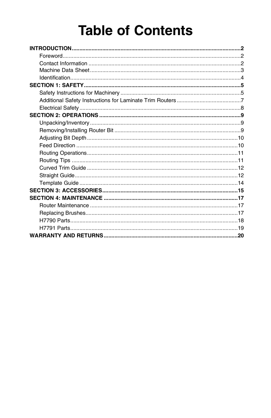 Grizzly H7791, H7790 owner manual Table of Contents 