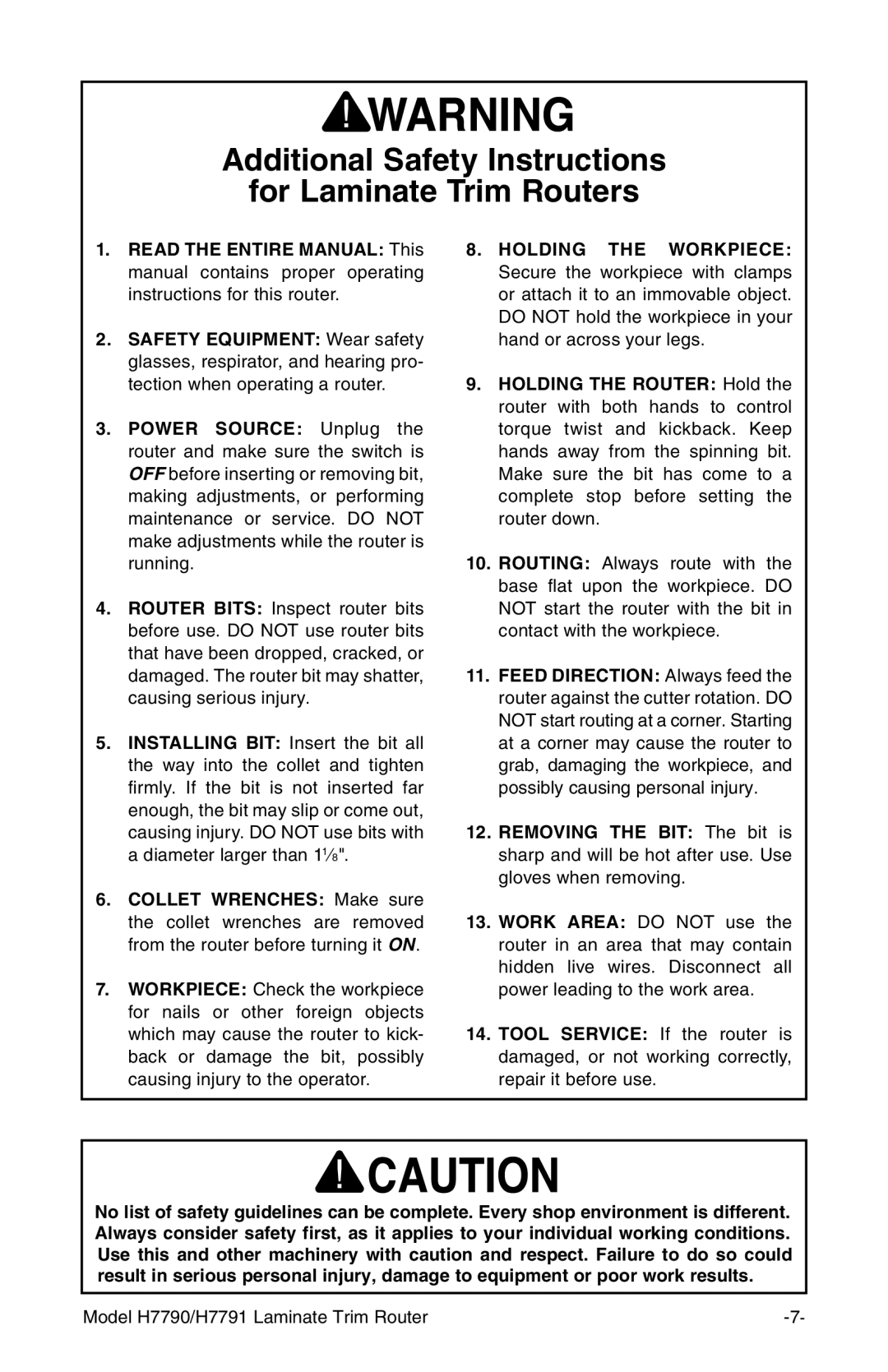 Grizzly H7791, H7790 owner manual Additional Safety Instructions For Laminate Trim Routers 