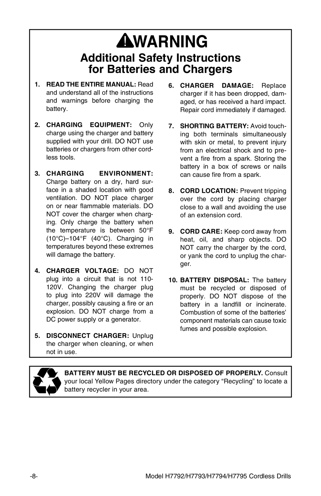 Grizzly H7793, H7795, H7794, H7792 owner manual Additional Safety Instructions For Batteries and Chargers 