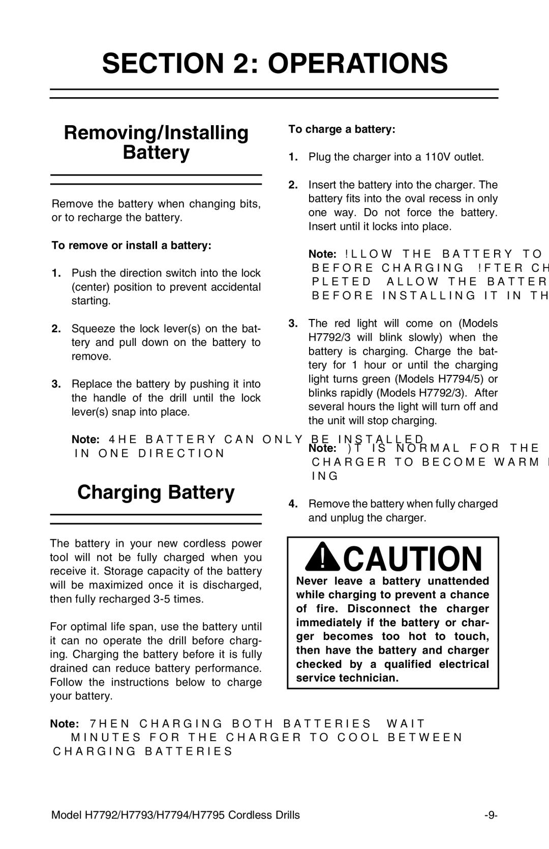 Grizzly H7792, H7795, H7794, H7793 Operations, Removing/Installing Battery, Charging Battery, To remove or install a battery 