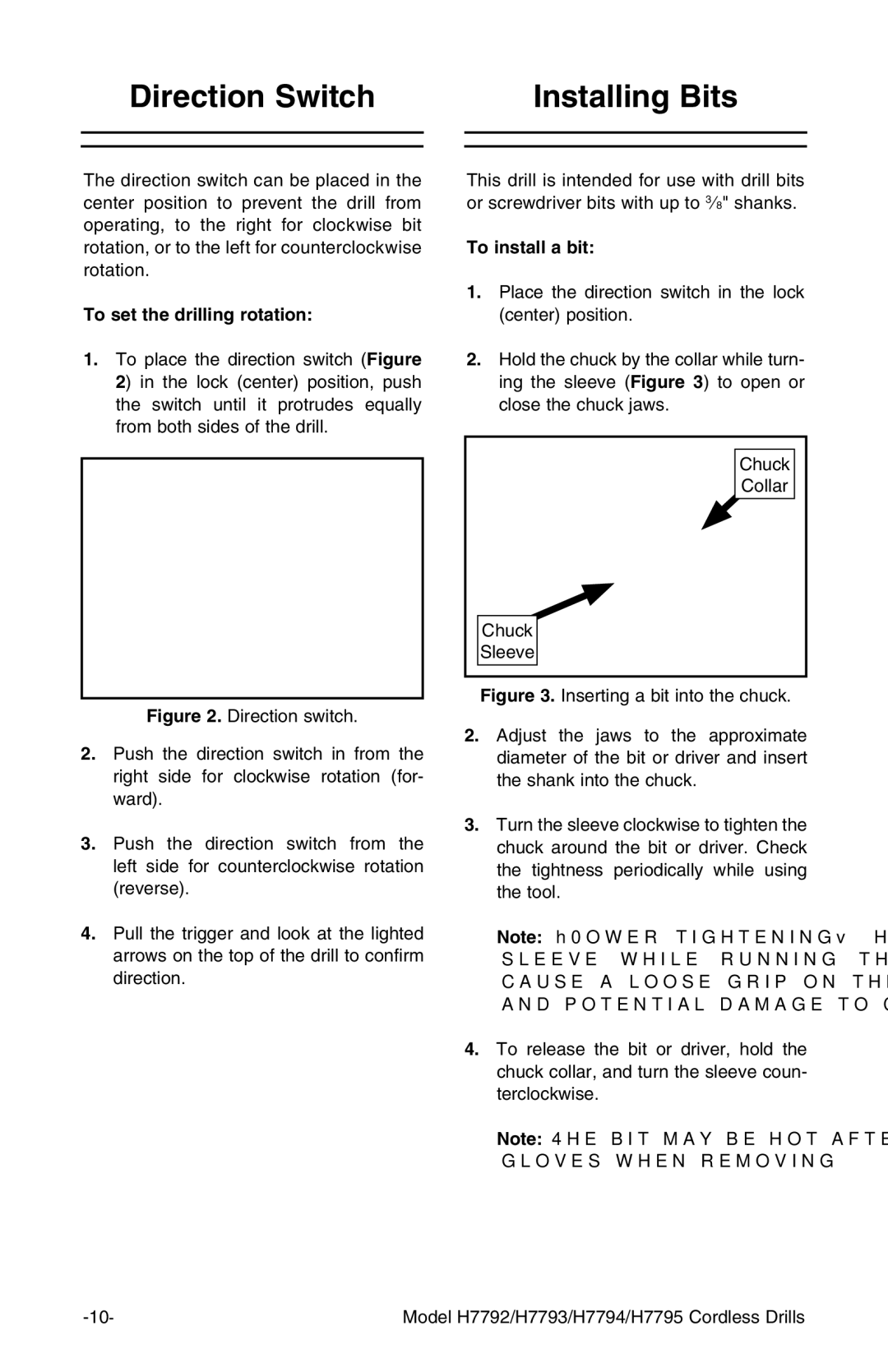 Grizzly H7795, H7794, H7793, H7792 owner manual Installing Bits, To install a bit 