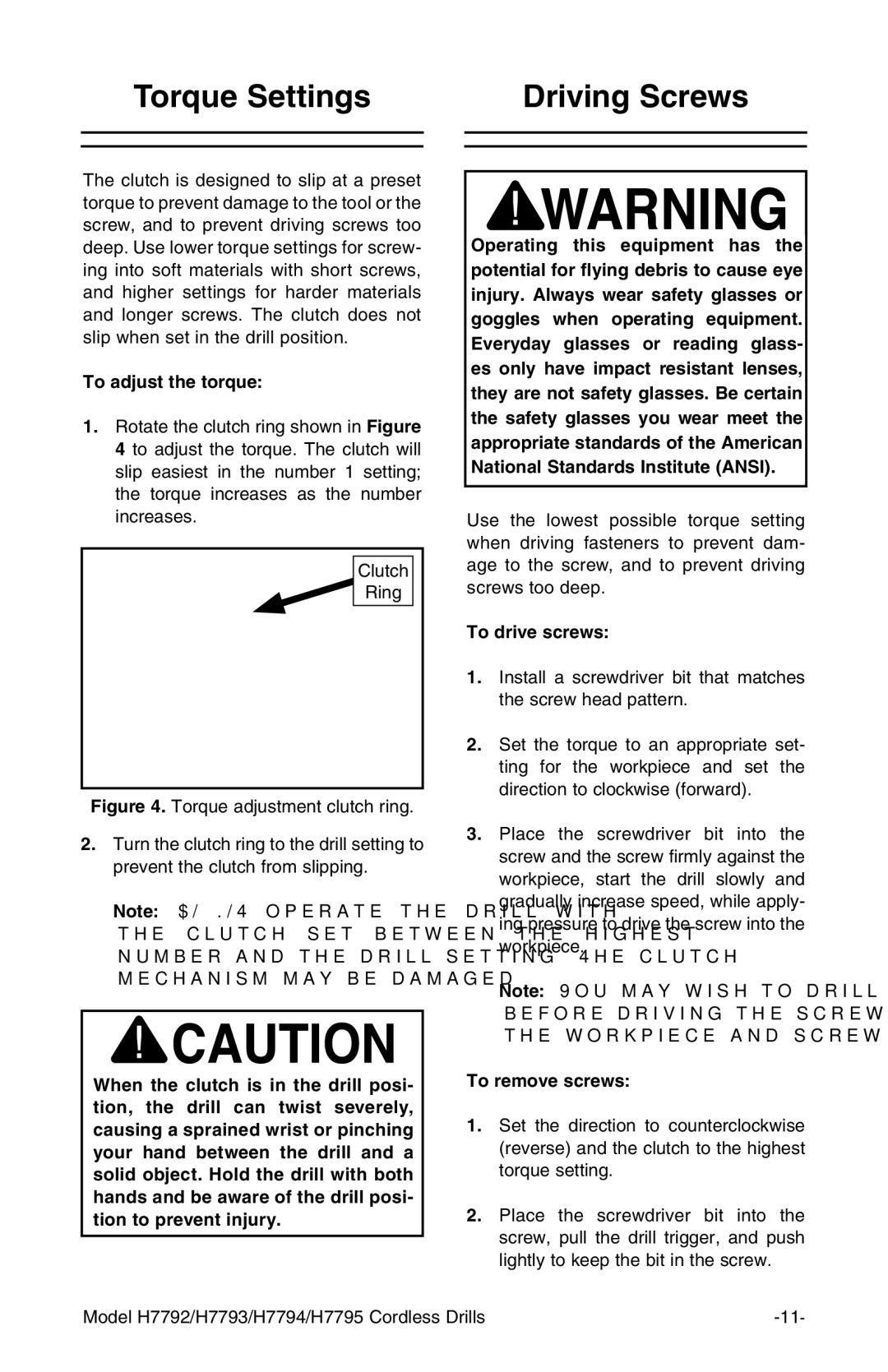 Grizzly H7794, H7795, H7793, H7792 Torque Settings Driving Screws, To adjust the torque, To drive screws, To remove screws 