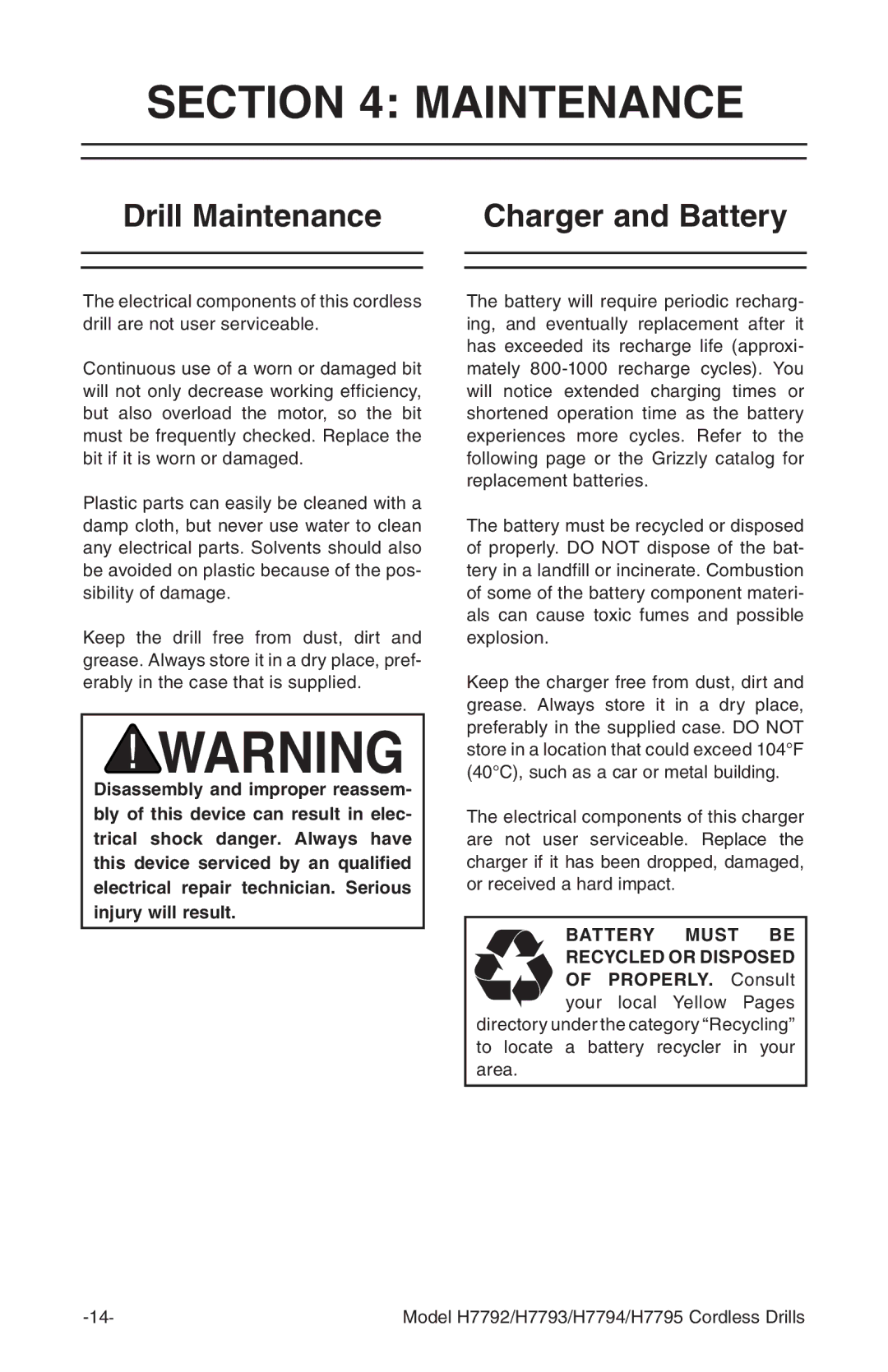 Grizzly H7795, H7794, H7793, H7792 owner manual Drill Maintenance Charger and Battery 
