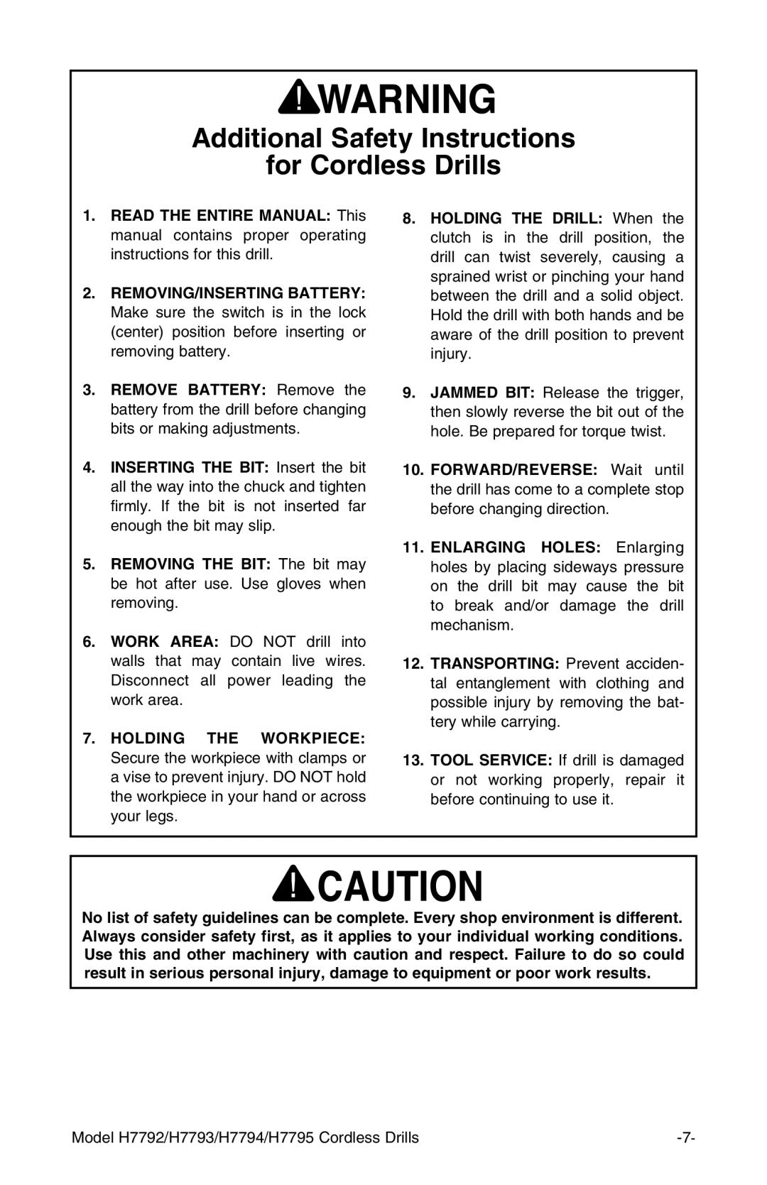 Grizzly H7794, H7795, H7793, H7792 owner manual Additional Safety Instructions For Cordless Drills 