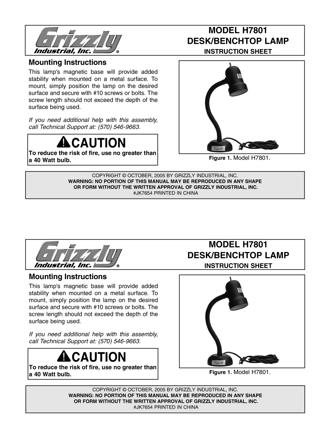 Grizzly instruction sheet Model H7801, DESK/BENCHTOP Lamp, Mounting Instructions 