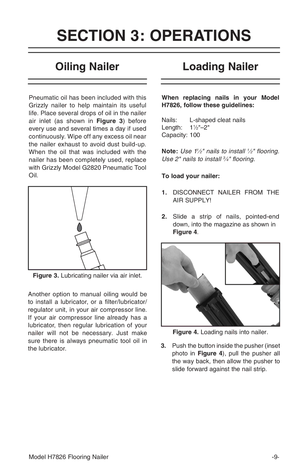 Grizzly H7826 owner manual Operations, Oiling Nailer Loading Nailer, To load your nailer 