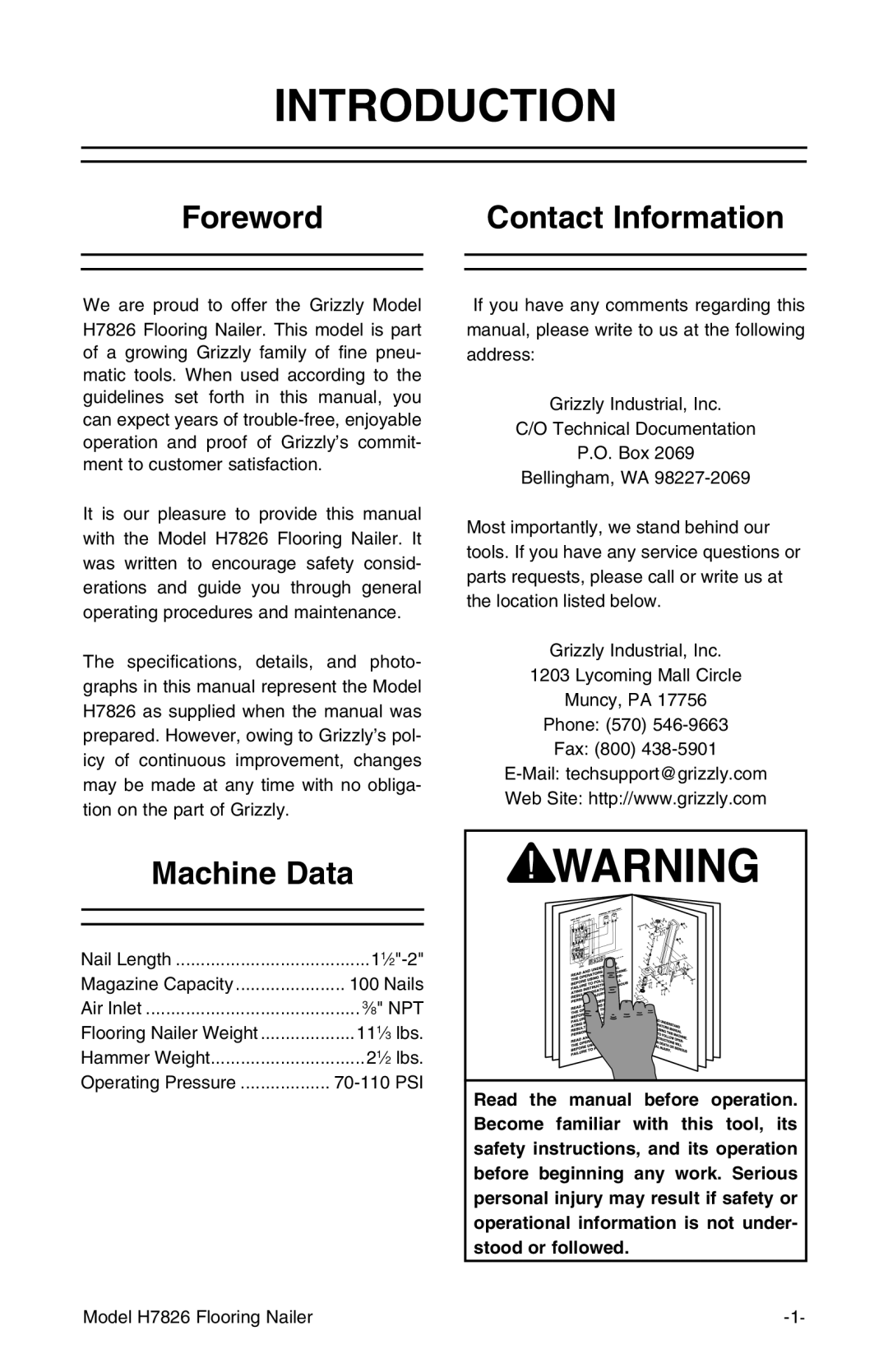 Grizzly H7826 owner manual Introduction, Foreword Contact Information, Machine Data 