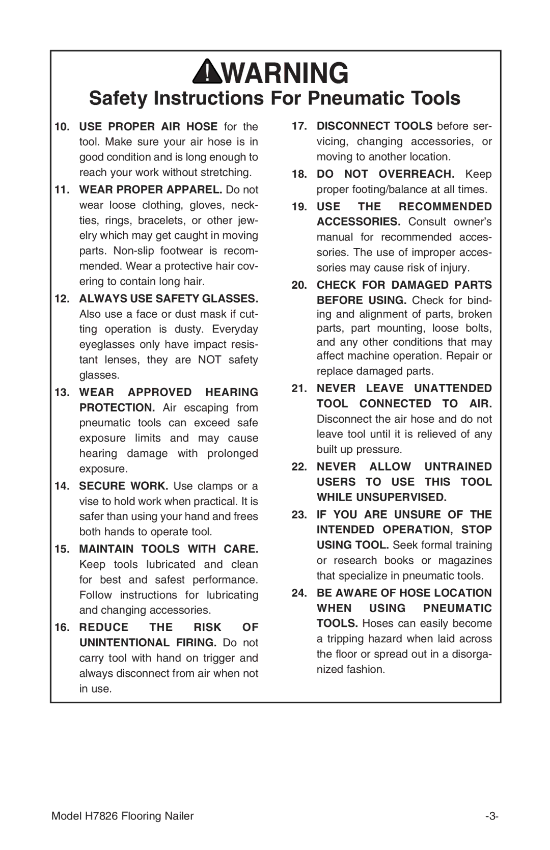 Grizzly H7826 owner manual Safety Instructions For Pneumatic Tools 