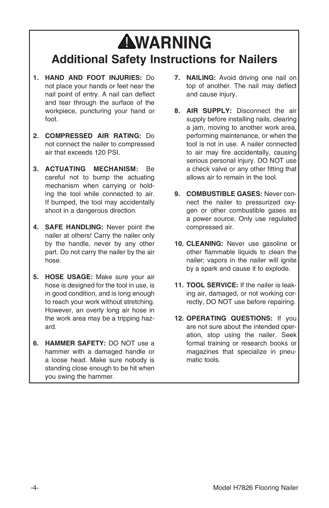 Grizzly H7826 owner manual Additional Safety Instructions for Nailers 