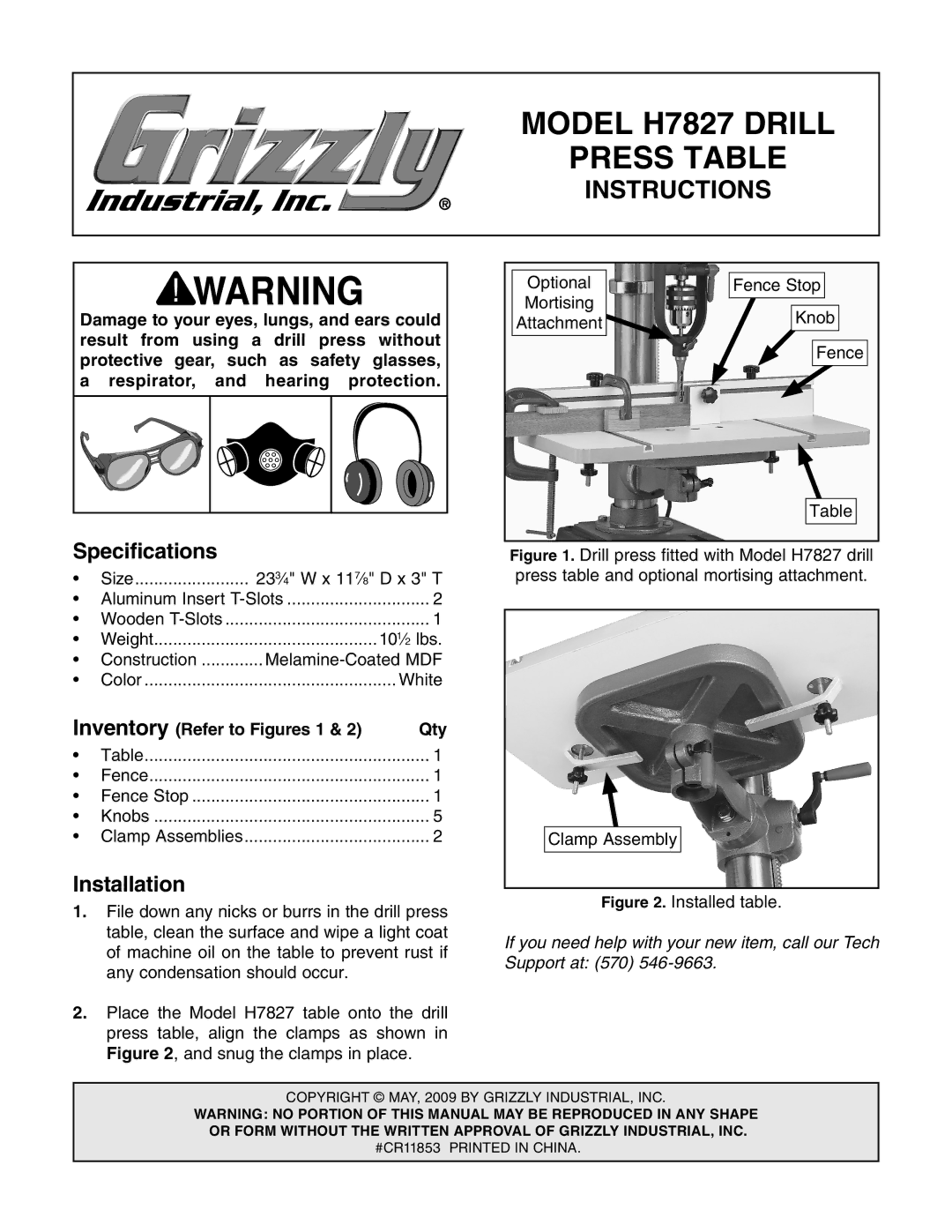 Grizzly H7827 specifications Specifications, Installation 