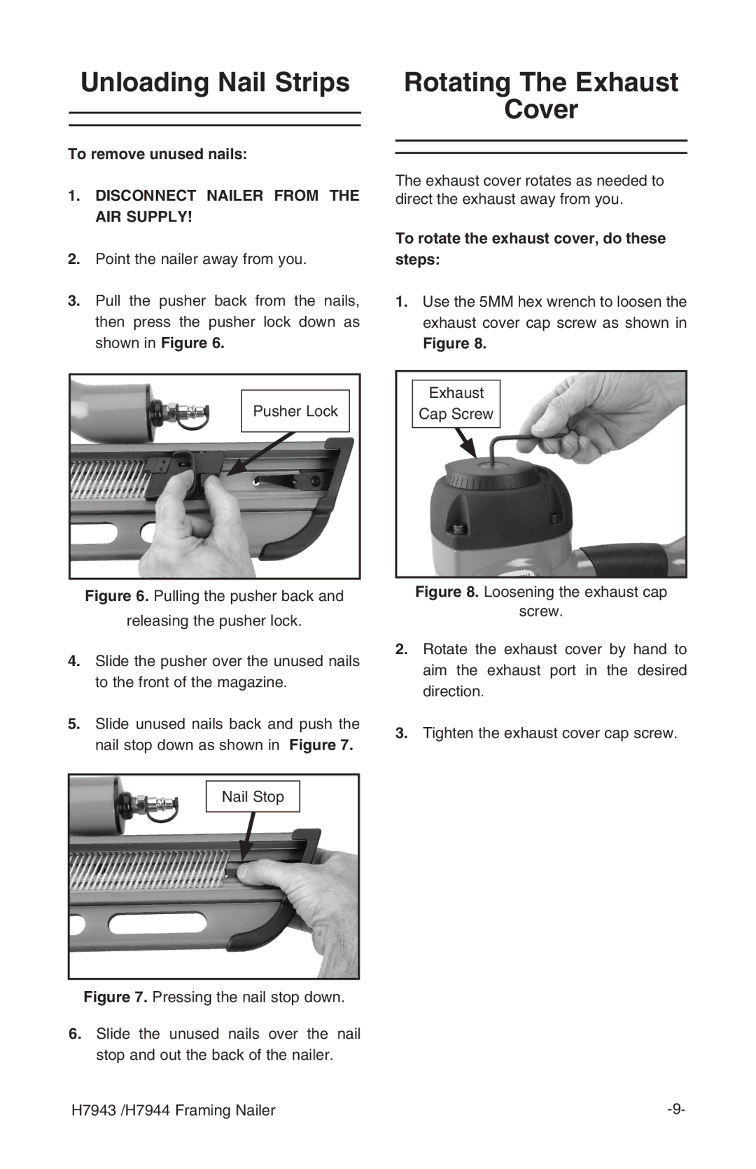 Grizzly H7943/H7944 instruction manual Unloading Nail Strips, Rotating The Exhaust Cover 